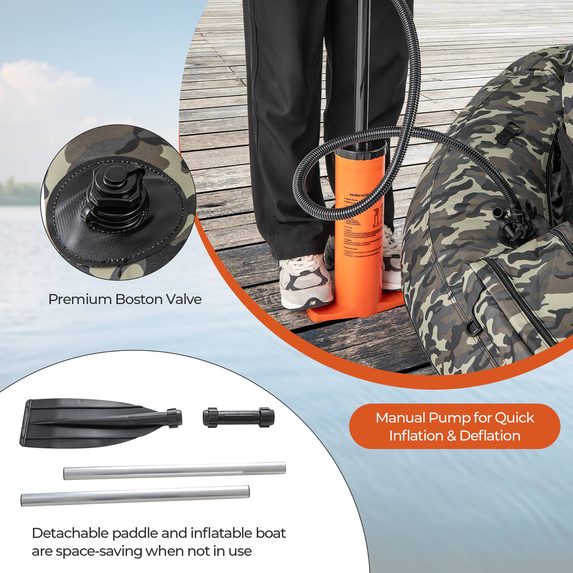 - Premium Boston Valve Manual Pump for Quick Inflation & Deflation
- Detachable paddle and inflatable boat are space-saving when not in use