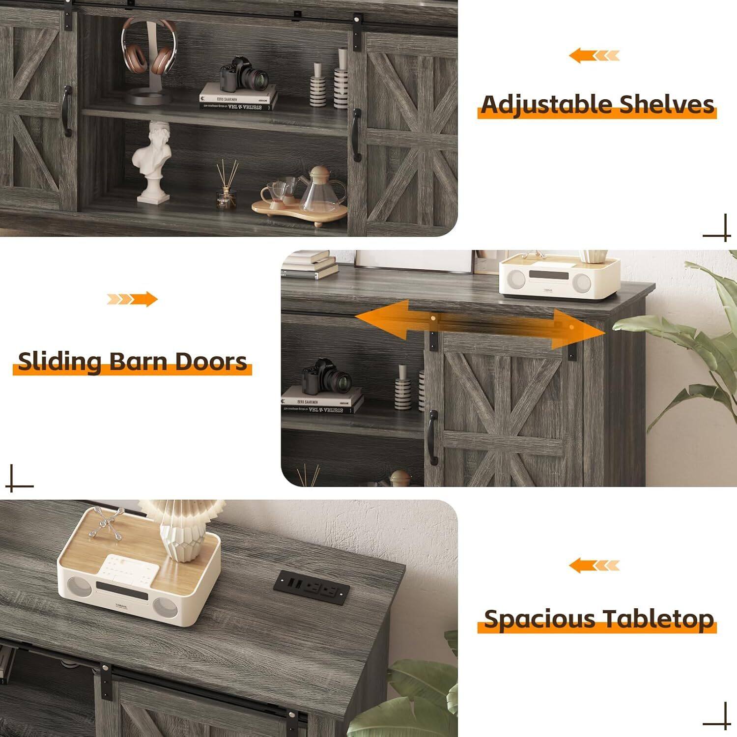 - Sliding Barn Doors
- Adjustable Shelves
- Spacious Tabletop