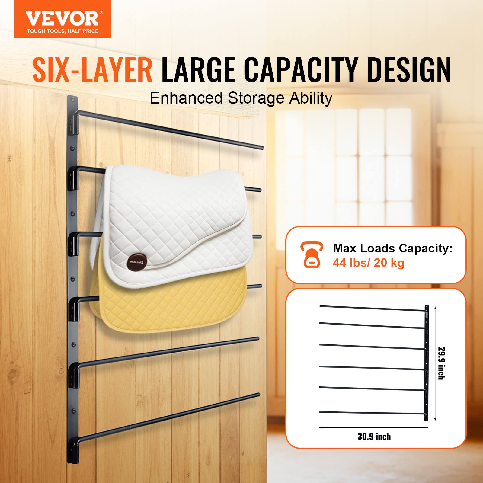 VEVOR  
TOUGH TOOLS, HALF PRICE  

SIX-LAYER LARGE CAPACITY DESIGN  
Enhanced Storage Ability  

Max Loads Capacity: 44 lbs / 20 kg  

Dimensions:  
29.9 inch (height)  
30.9 inch (width)