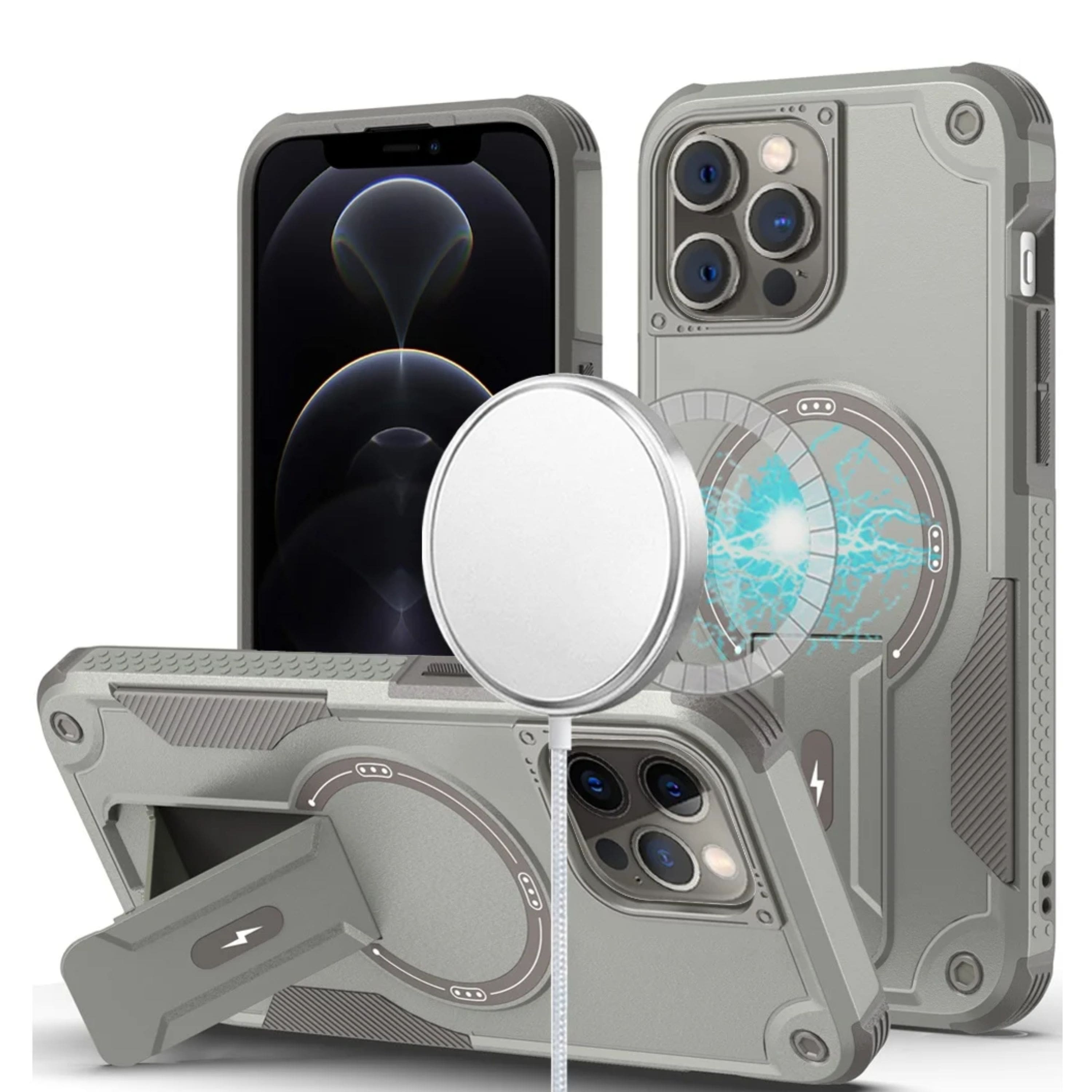 Kitcheniva - Magnetic Circle Rugged Grip Kickstand Phone Case With Tempered Glass For iPhone 12/12 Pro Grey - Gray