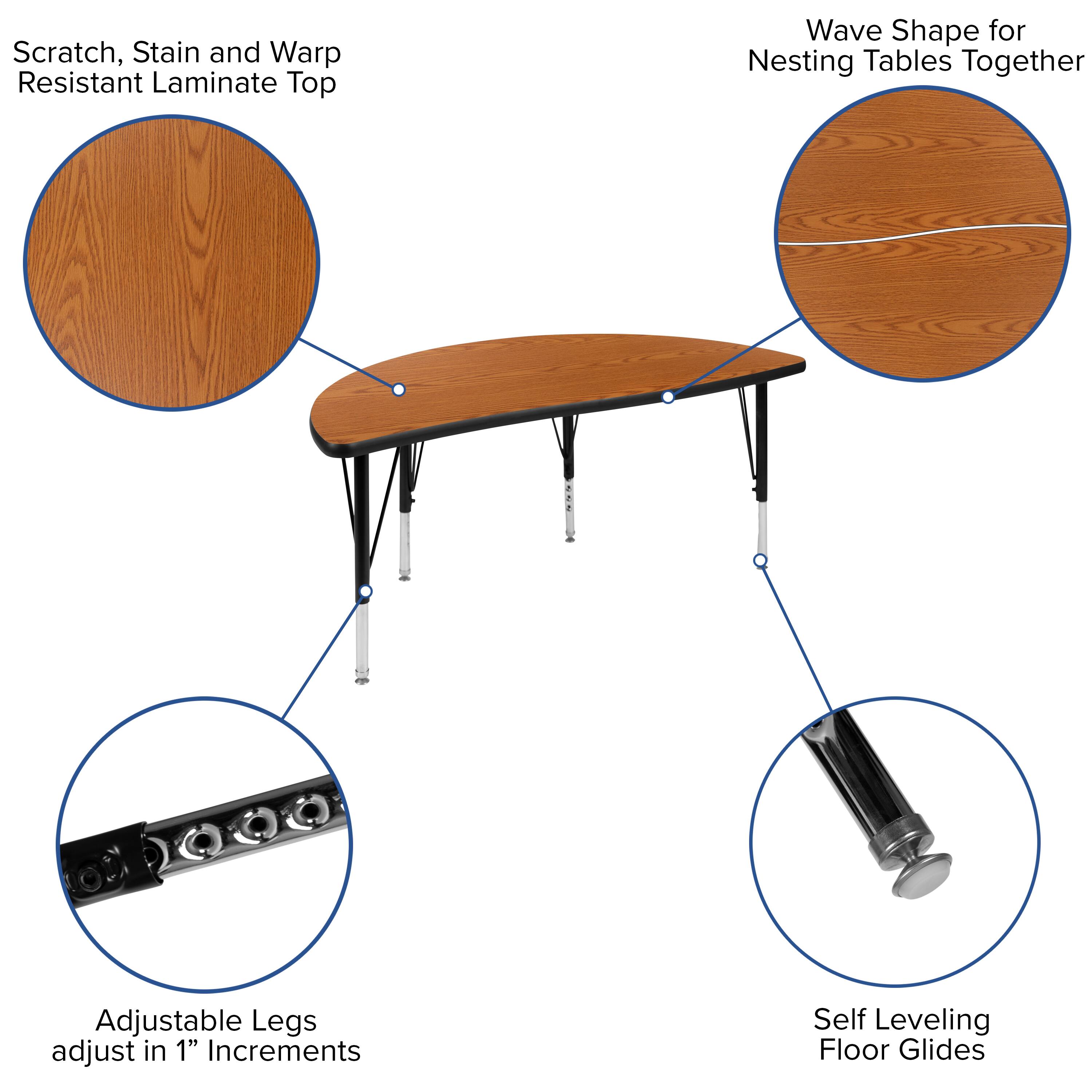 Scratch, Stain and Warp Resistant Laminate Top

Wave Shape for Nesting Tables Together

Adjustable Legs adjust in 1" Increments

Self Leveling Floor Glides
