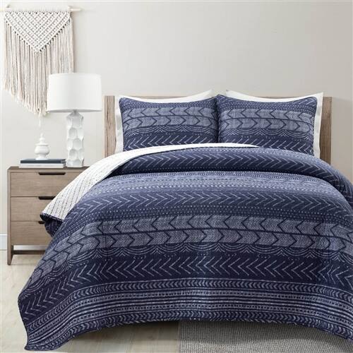 Back. SlickBlue - Reversible Cotton Quilt Set – Lightweight Bedspread for Comfortable Sleep - Navy Blue, White.