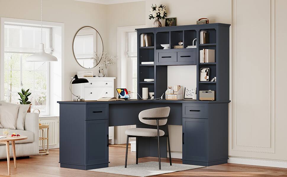 Alt View 10. Tiramisubest - L-Shaped Computer Desk with 2 Cabinets and 2 Drawers,11 Open Shelves with Outlet,for Living Room and Office,Antique Blue - Antique Blue.