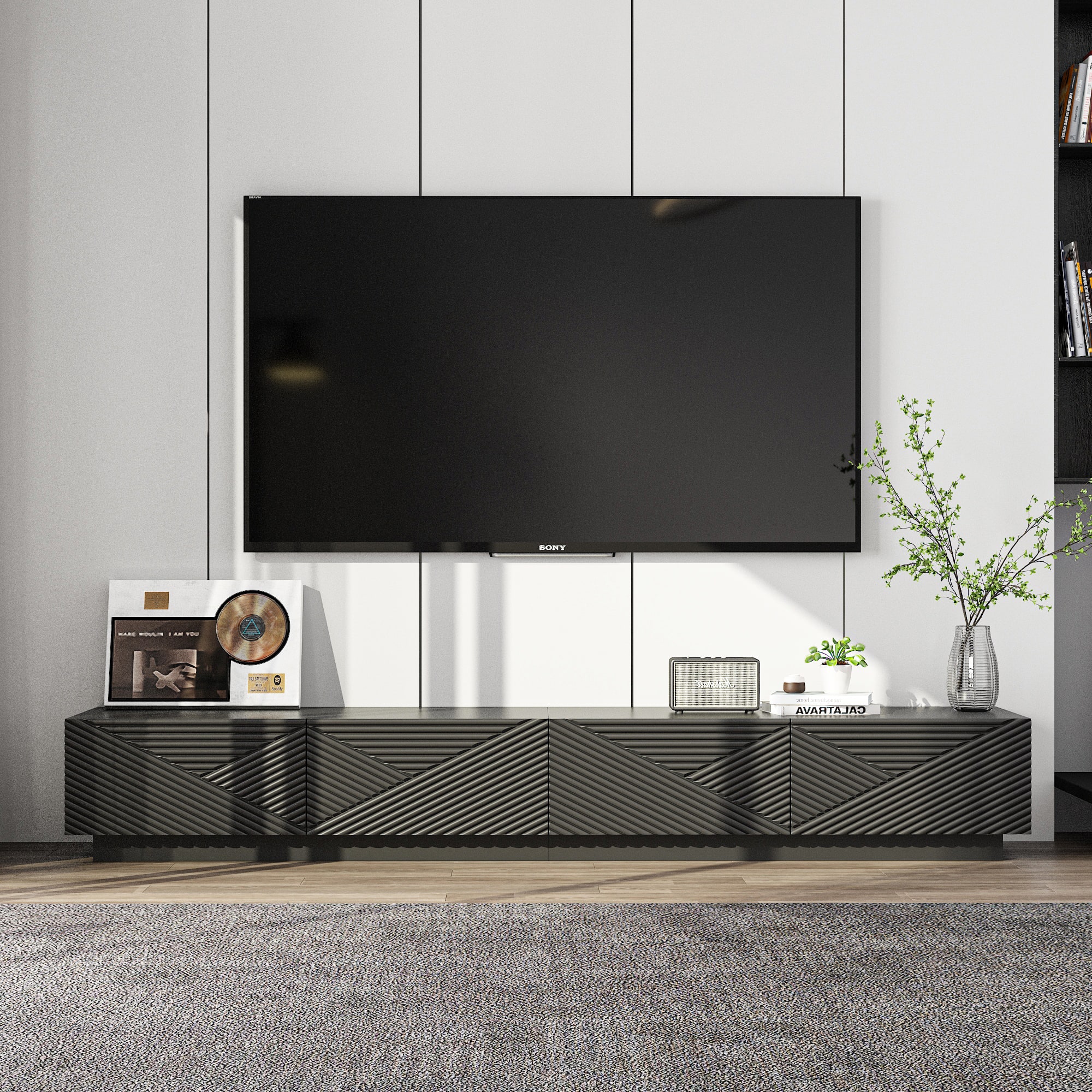 Famapy - Modern Long TV Stand with 3D Textured Doors Large Storage — 78.7” Art-Inspired Entertainment Center for Living Room - Black