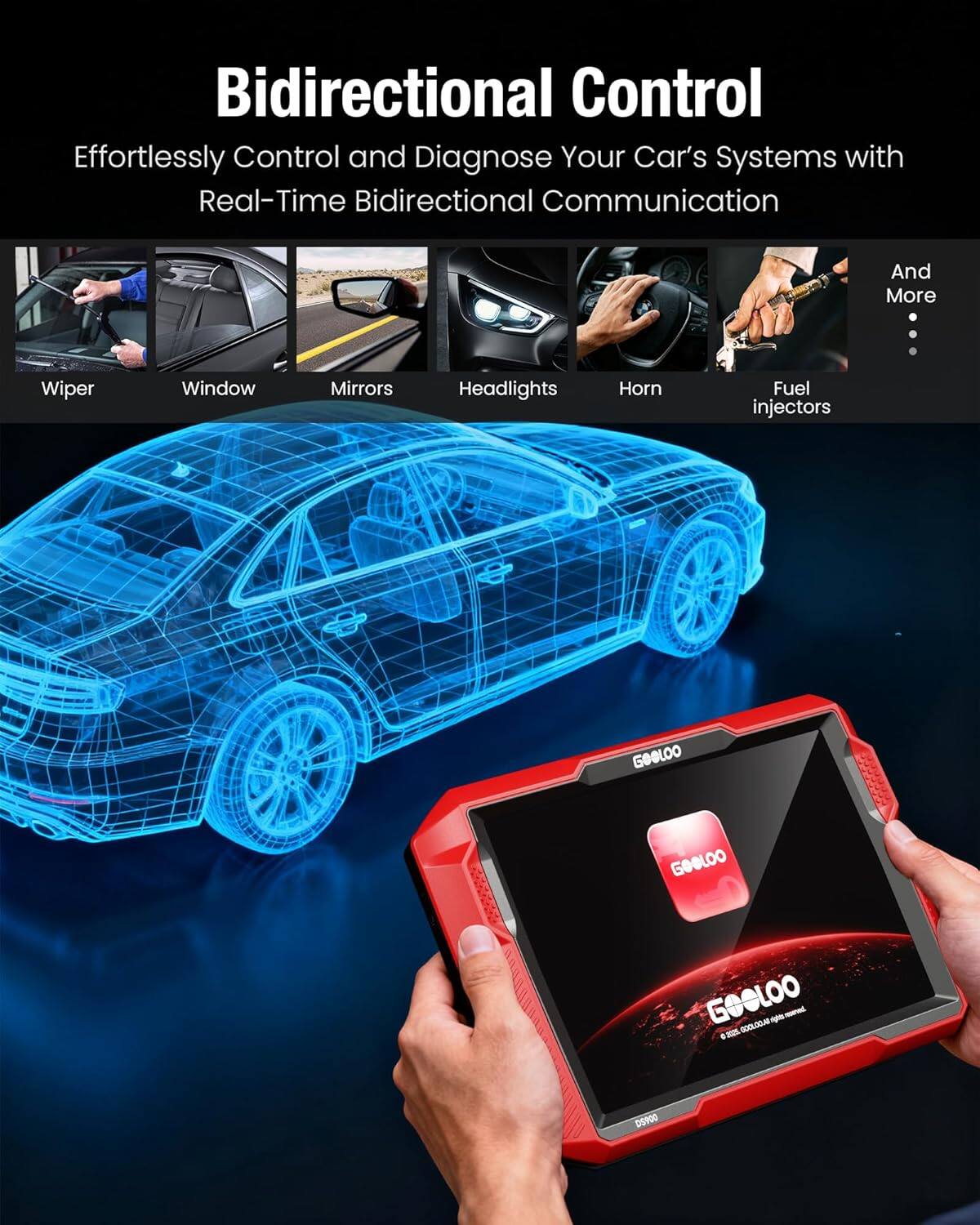 Bidirectional Control  
Effortlessly Control and Diagnose Your Car's Systems with Real-Time Bidirectional Communication  

Wiper  
Window  
Mirrors  
Headlights  
Horn  
Fuel injectors  

And More  

GOOLOO