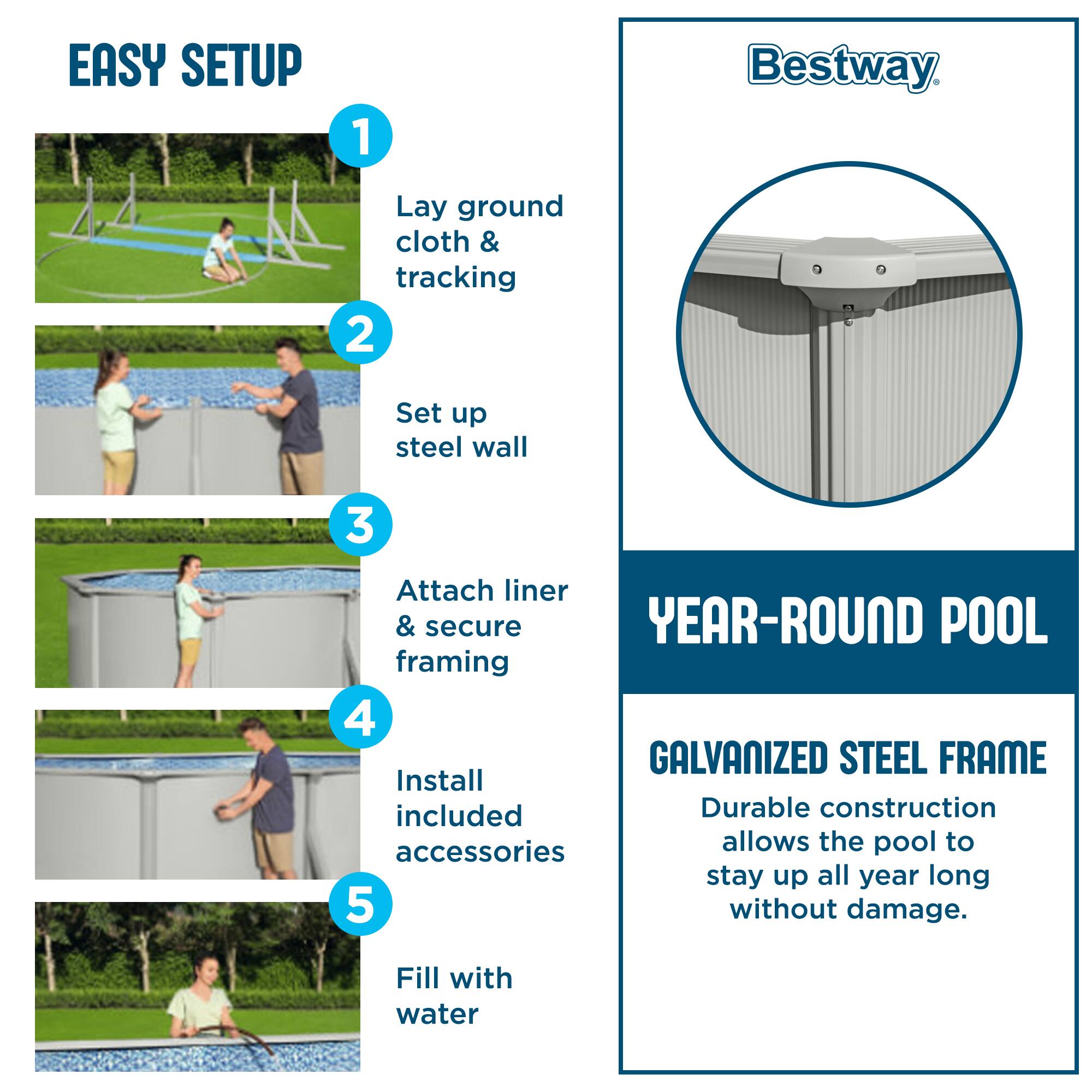 EASY SETUP

1. Lay ground cloth & tracking
2. Set up steel wall
3. Attach liner & secure framing
4. Install included accessories
5. Fill with water

YEAR-ROUND POOL

GALVANIZED STEEL FRAME
Durable construction allows the pool to stay up all year long without damage.