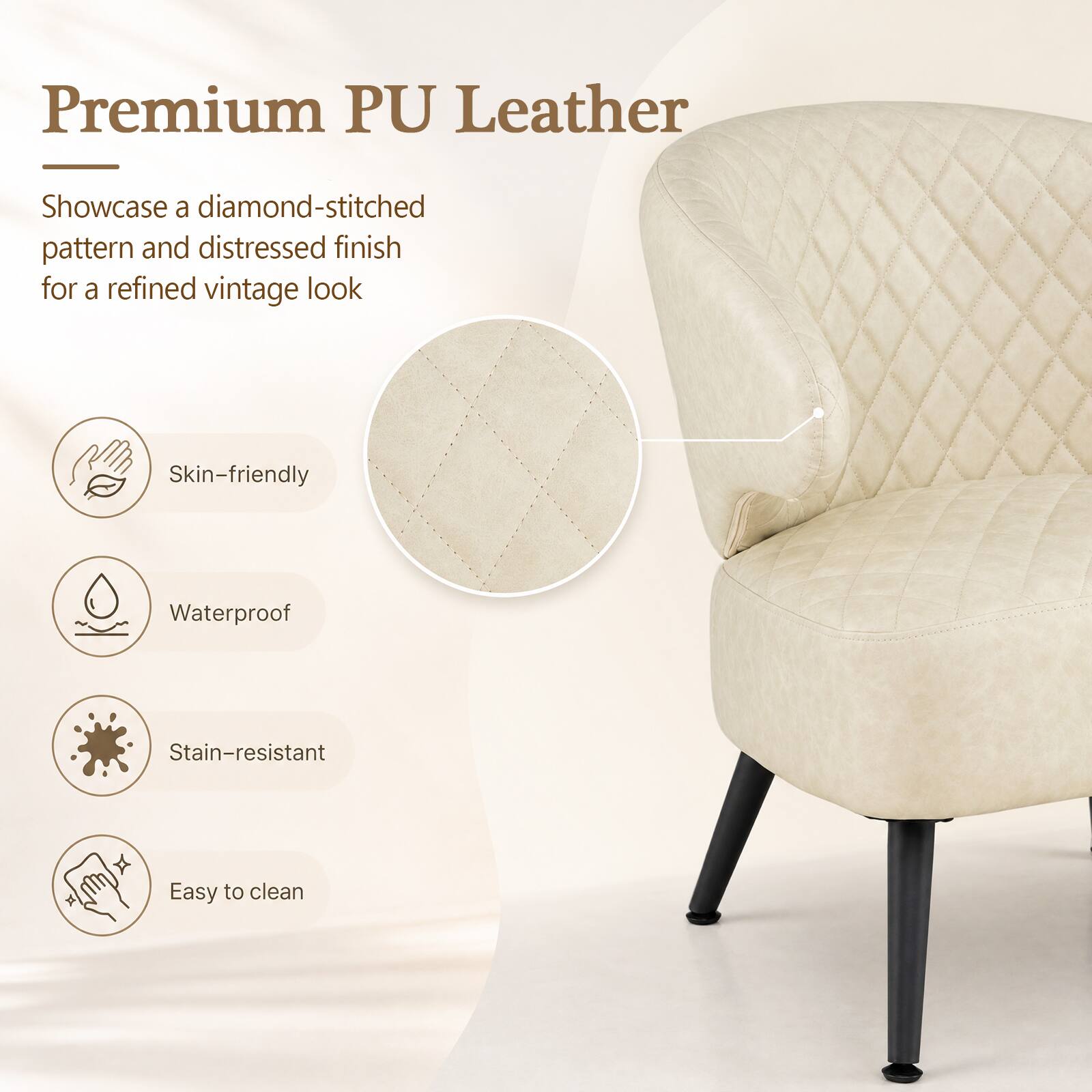 Premium PU Leather

Showcase a diamond-stitched pattern and distressed finish for a refined vintage look

- Skin-friendly
- Waterproof
- Stain-resistant
- Easy to clean