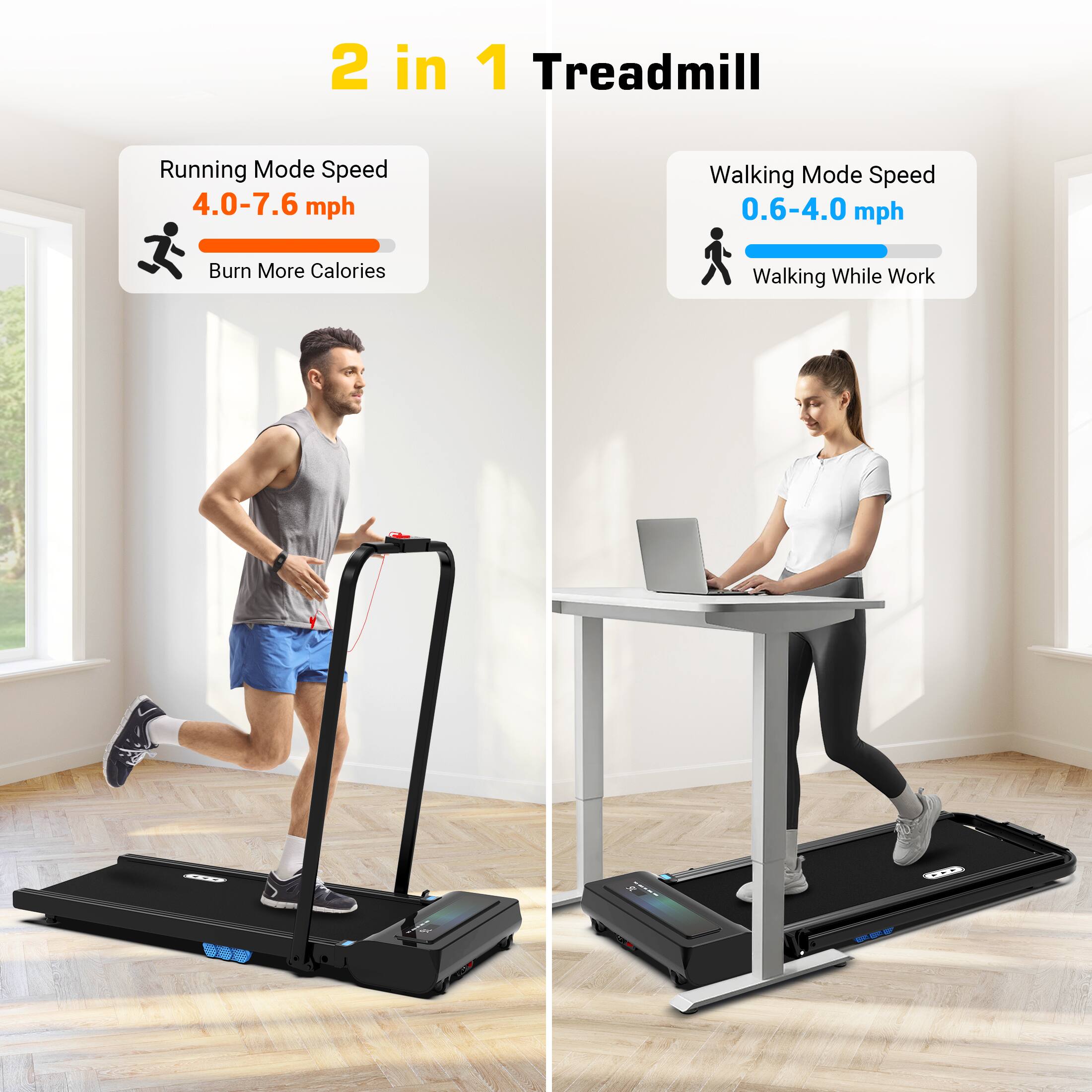 2 in 1 Treadmill
Running Mode Speed 4.0-7.6 mph
Burn More Calories
Walking Mode Speed 0.6-4.0 mph
Walking While Work