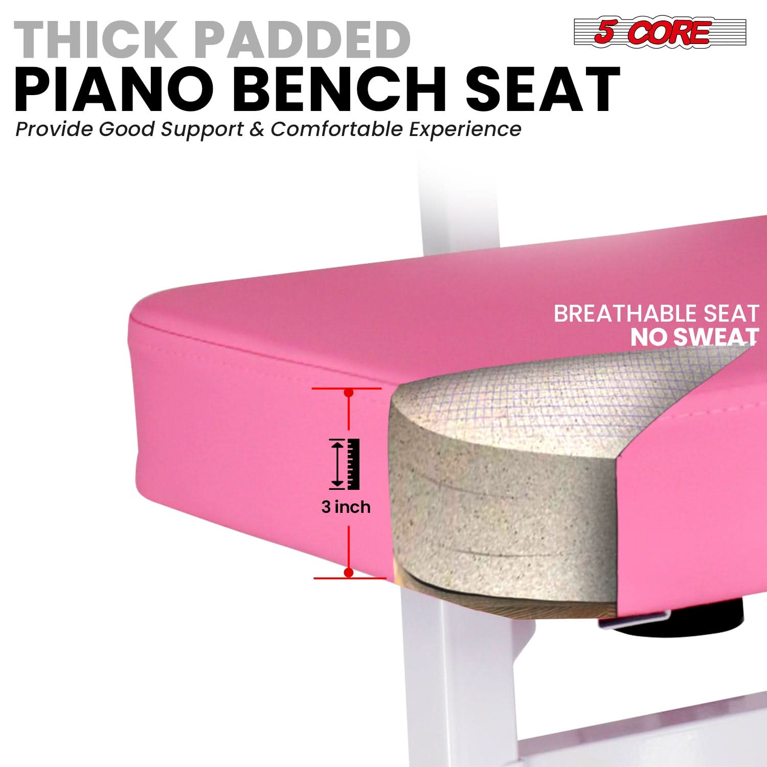 THICK PADDED 5 CORE PIANO BENCH SEAT, Provide Good Support & Comfortable Experience, BREATHABLE SEAT NO SWEAT, 3 inch