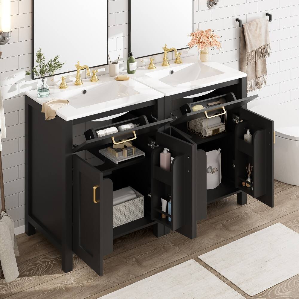 Angle. Loheer - Loheer 48 inch double bathroom vanity Black Freestanding Cabinet with Dual Ceramic Sinks - Black.