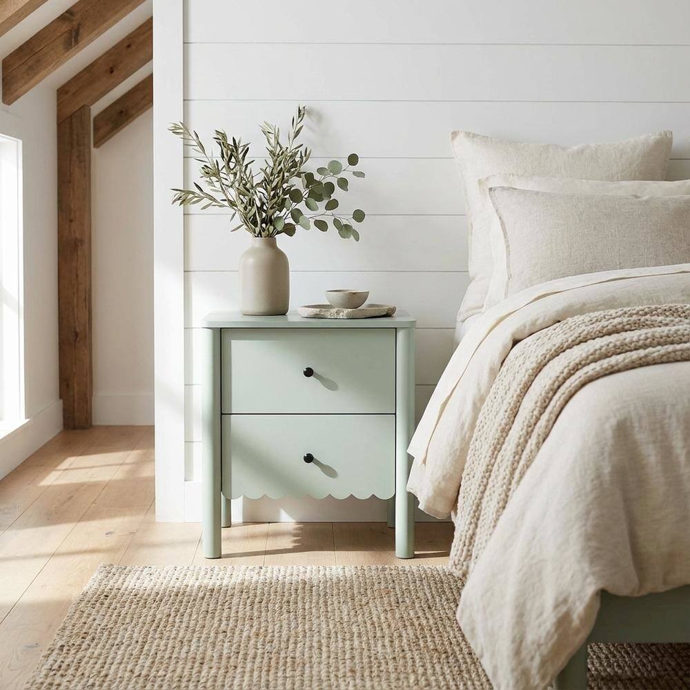 Left. FurniFact - Nightstand with 2 Drawers in Elegant Finish for Bedroom Storage - Green.