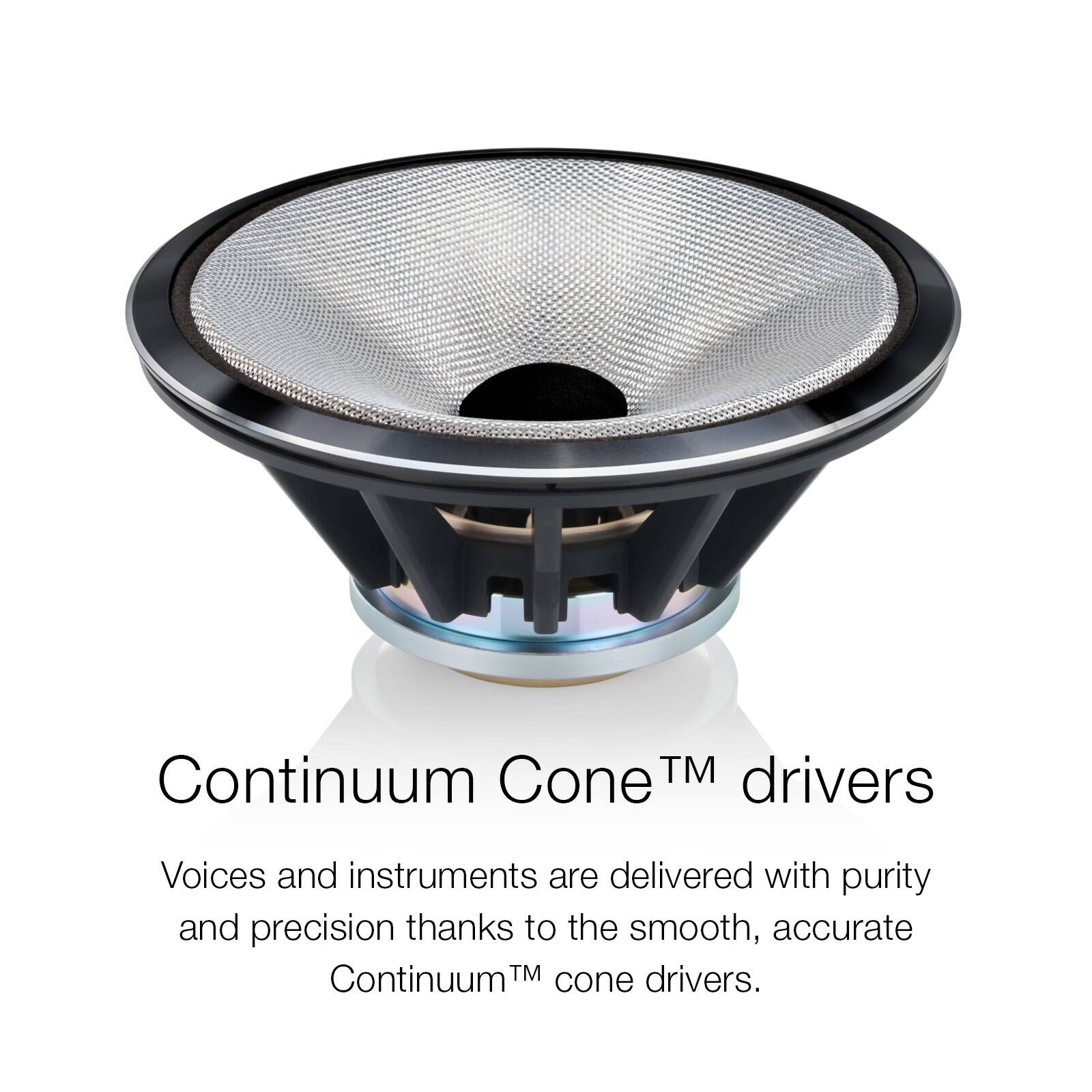 Continuum Cone™ drivers  
Voices and instruments are delivered with purity and precision thanks to the smooth, accurate Continuum™ cone drivers.