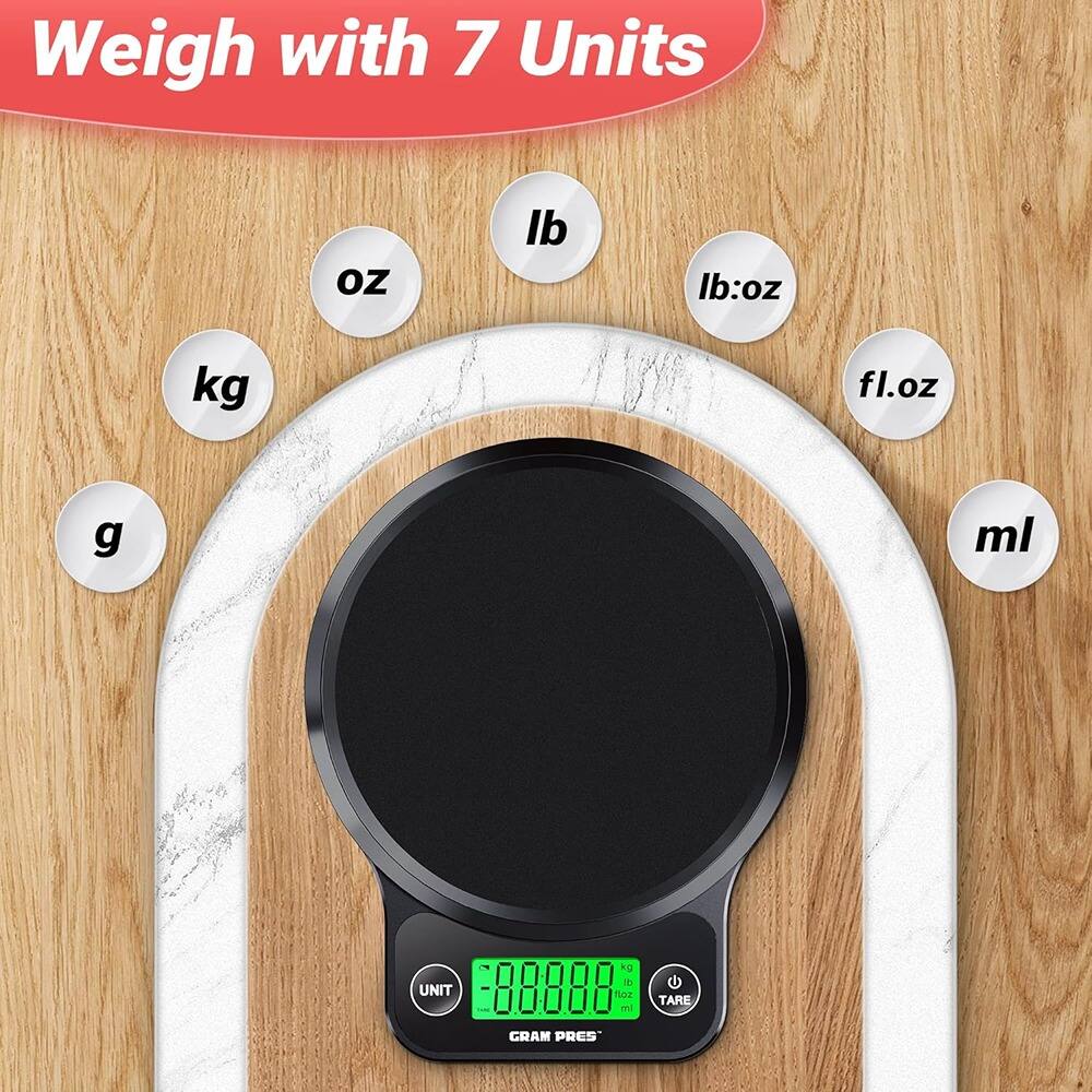Weigh with 7 Units

- oz
- lb
- lb:oz
- kg
- g
- fl.oz
- ml

888888 g

UNIT

GRAM PRES

TARE