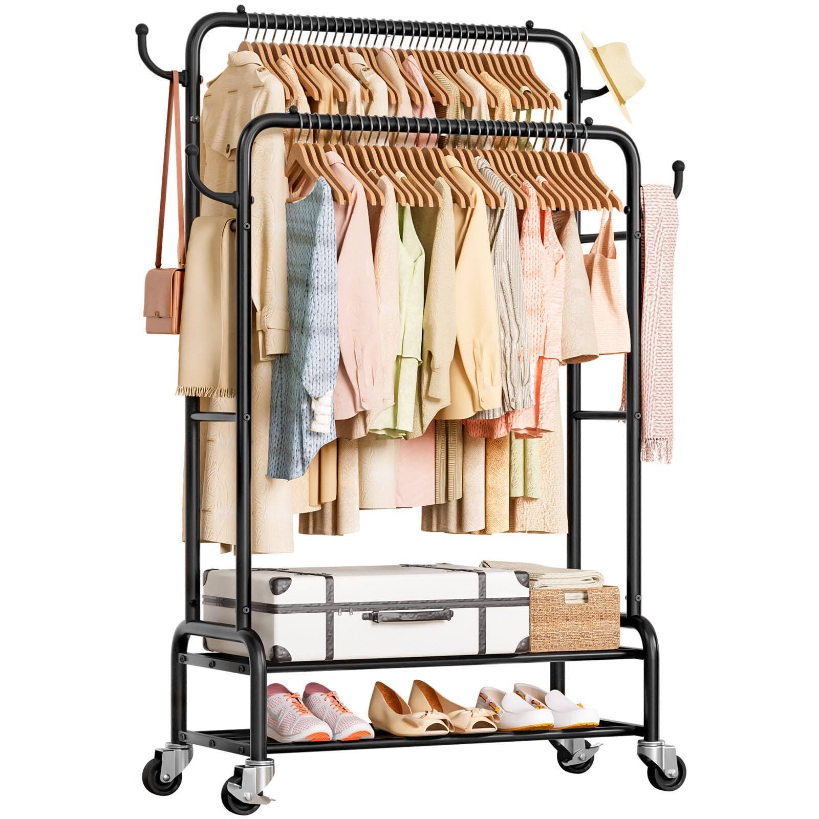 Front. Hirose Alice - Homde Heavy Duty Clothes Rack: Double Rod Garment Hanging for Indoor   Rolling Coat Organizer Storage for - Default.