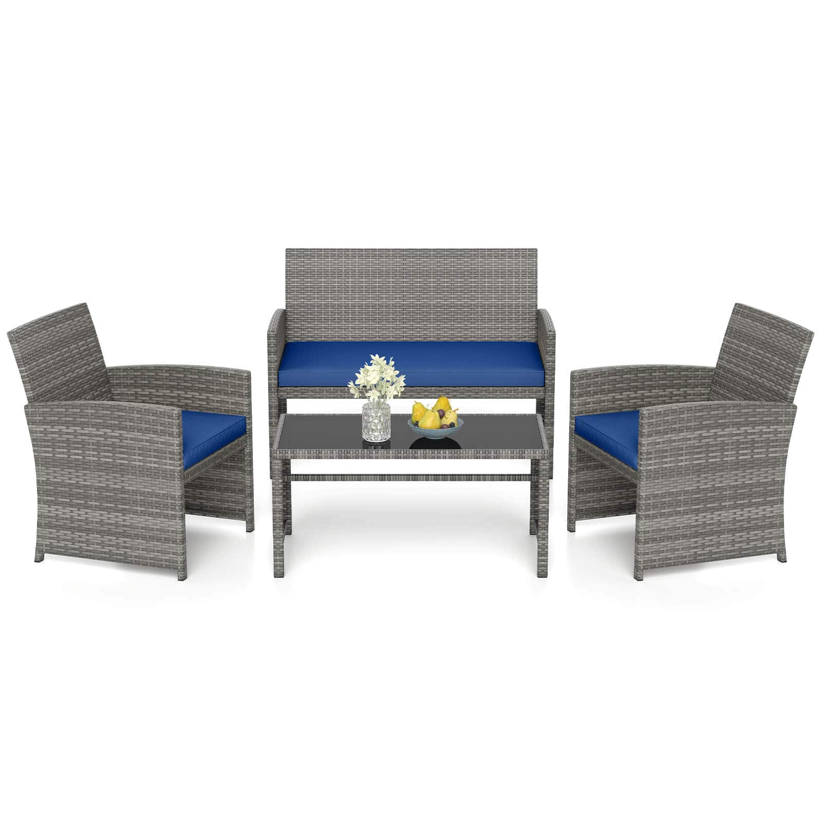 Costway - 4 PCS Patio Furniture Set with Tempered Glass Coffee Table Loveseat 2 Single Sofas - Navy,Gray