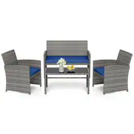 Costway - 4 PCS Patio Furniture Set with Tempered Glass Coffee Table Loveseat 2 Single Sofas - Navy,Gray