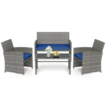 Front. Costway - Costway 4 PCS Patio Furniture Set with Tempered Glass Coffee Table Loveseat 2 Single Sofas - Navy,Gray.