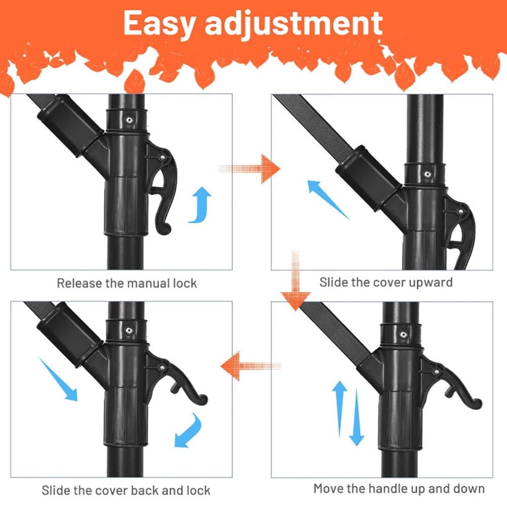 Easy adjustment

1. Release the manual lock
2. Slide the cover upward
3. Slide the cover back and lock
4. Move the handle up and down