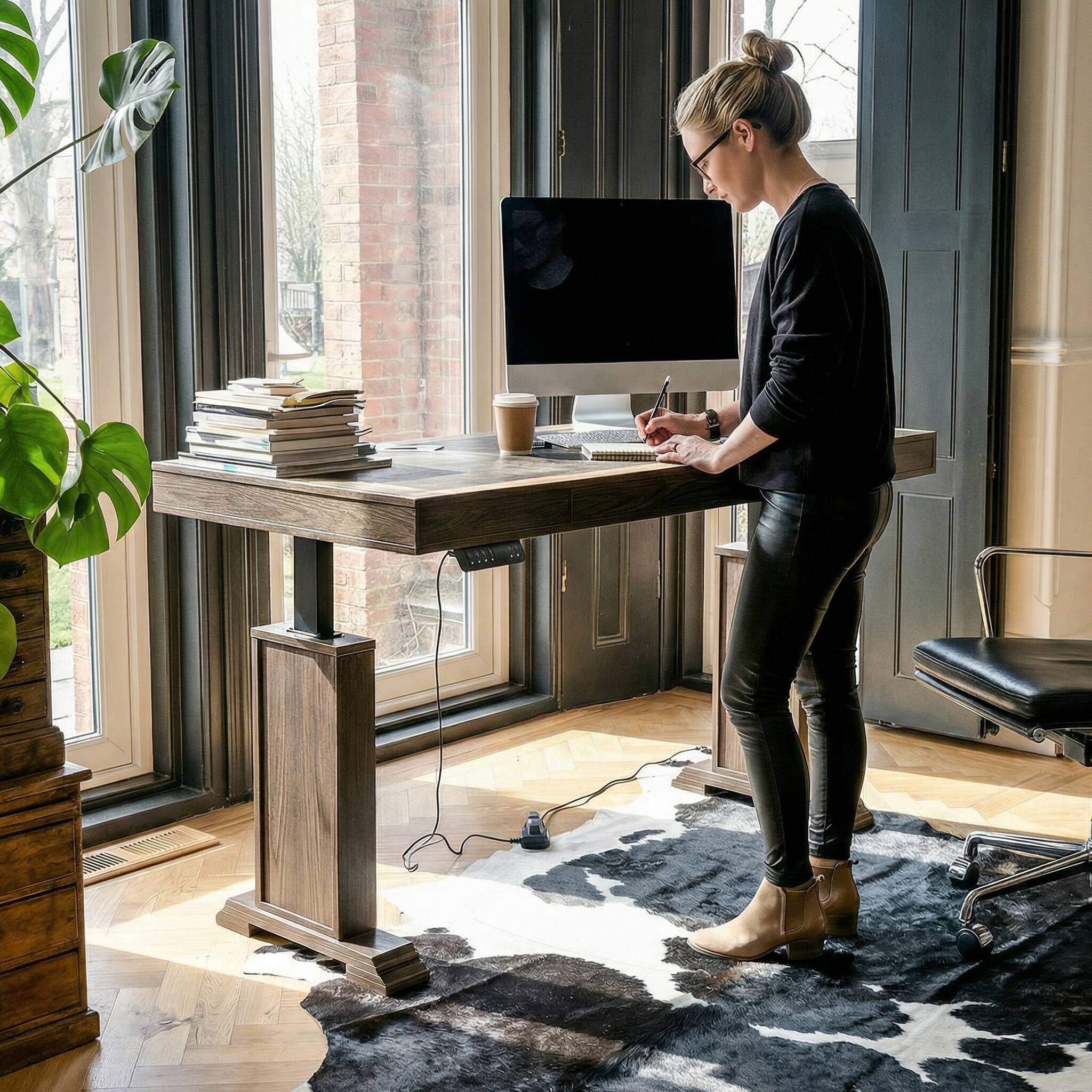 Back. Homsee - Elm Wood Electric Standing Desk - Adjustable Height Desk with Dual Motors for Home Office, Study, Workplace - Brown.