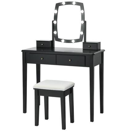 Front. SlickBlue - Vanity Table with Lighted Mirror and Stool for Bedroom Beauty Space - Black.