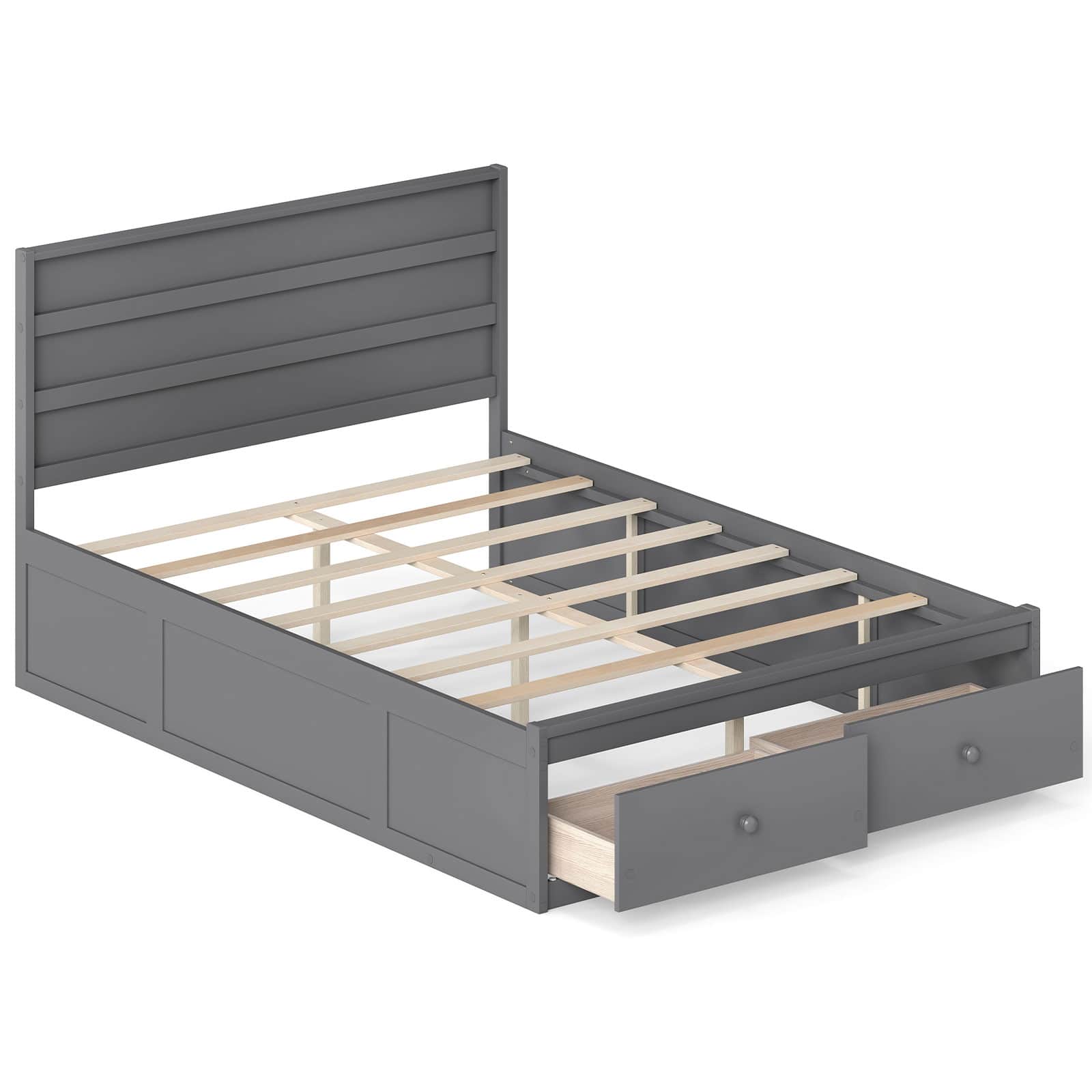 Gymax - Full Size Bed Frame w/Storage Drawers Headboard Wooden Slat Support - Gray