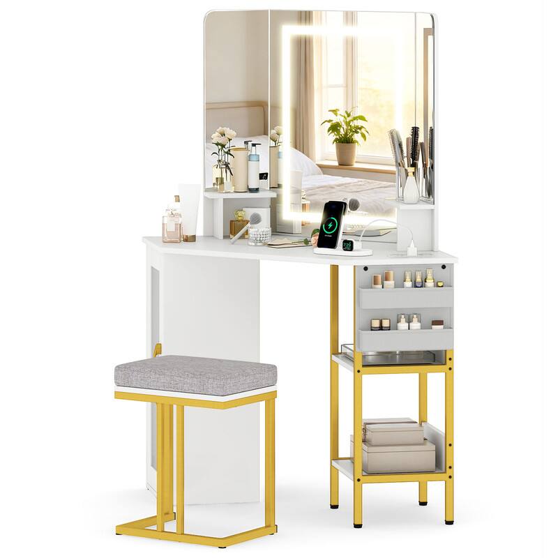 WELLFOR - Corner Vanity Desk with LED Mirror & Charging Station, Space Saving Makeup Dressing Table with Padded Stool - White