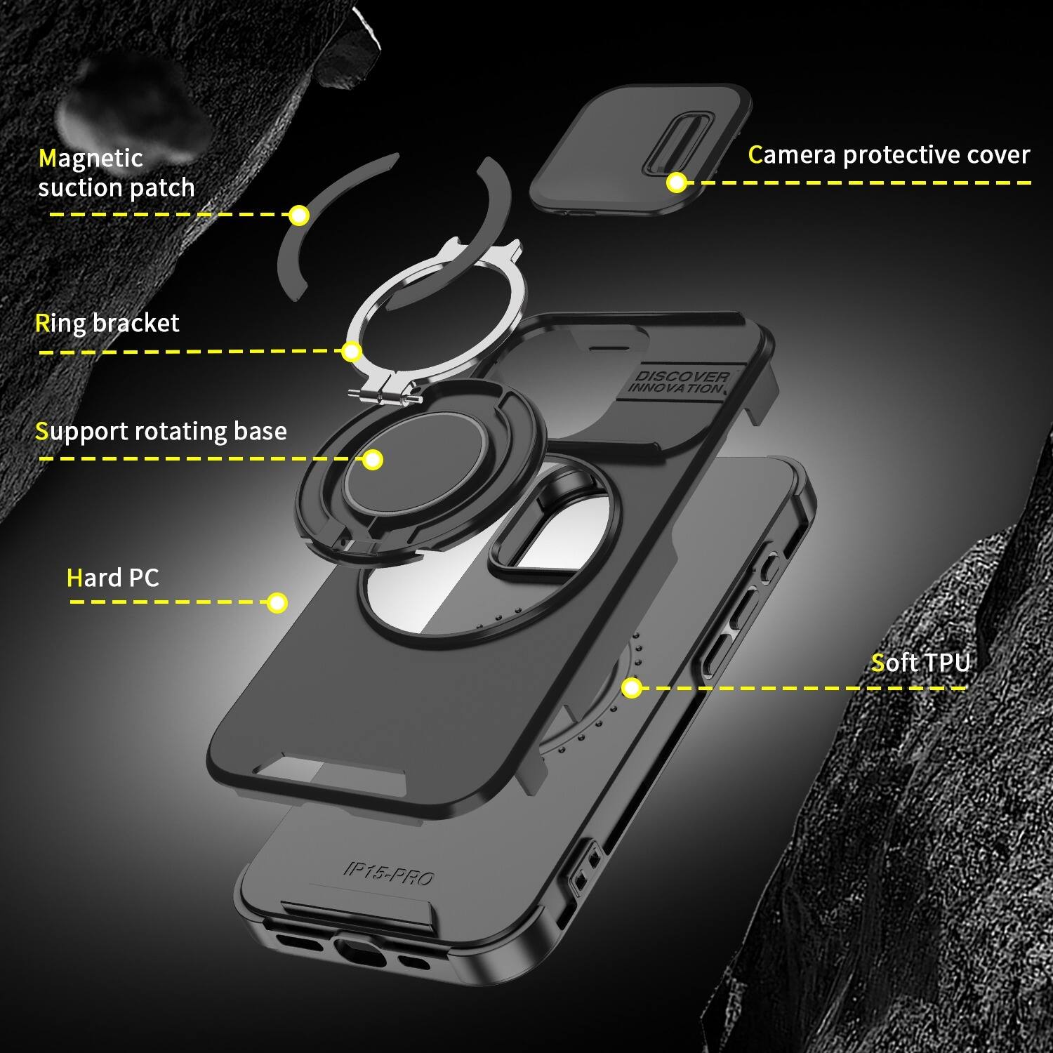 Magnetic suction patch  
Camera protective cover  
Ring bracket  
Support rotating base  
Hard PC  
Soft TPU  
IP15-PRO