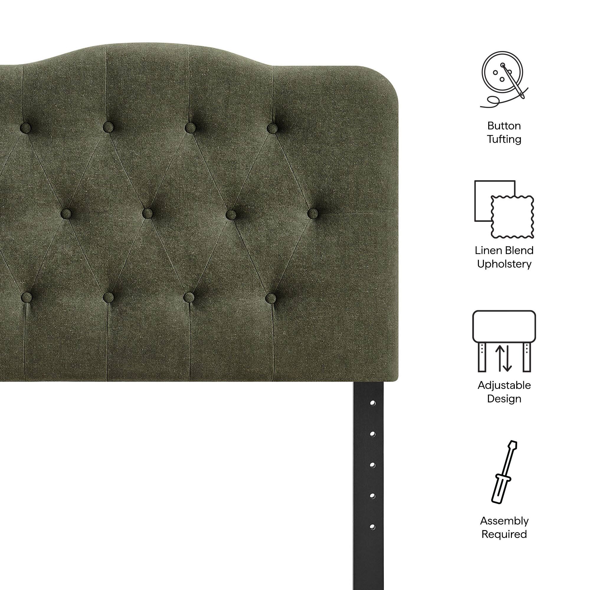 Button Tufting  
Linen Blend Upholstery  
Adjustable Design  
Assembly Required