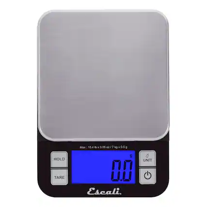 HOLD TARE Max: 15.4 lb x 0.05 oz / 7 kg x 0.5 g g Escali. 0 UNIT