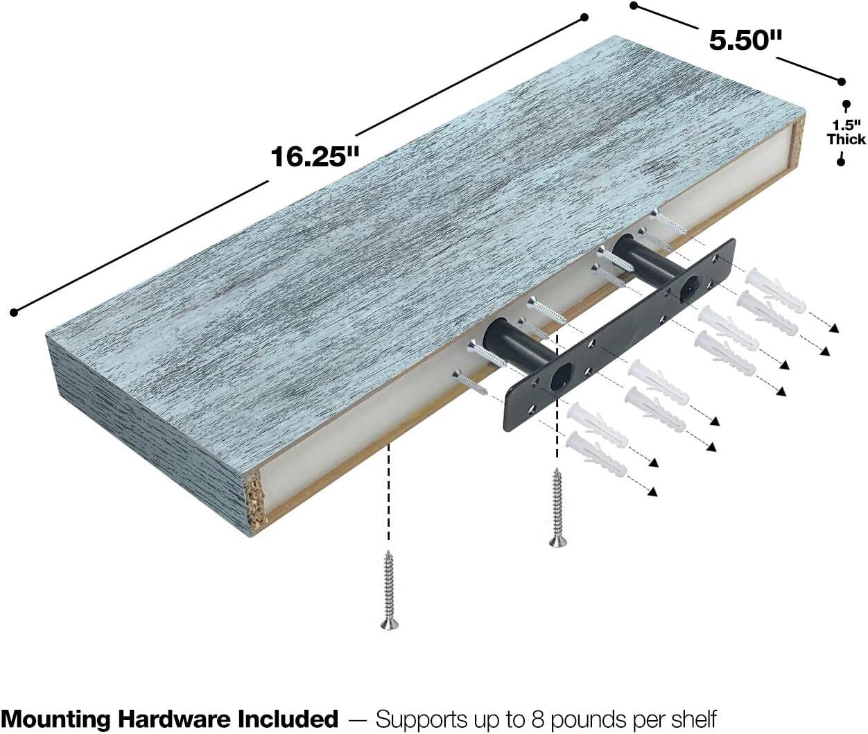 5.50" x 16.25" x 1.5" Thick  
Mounting Hardware Included - Supports up to 8 pounds per shelf