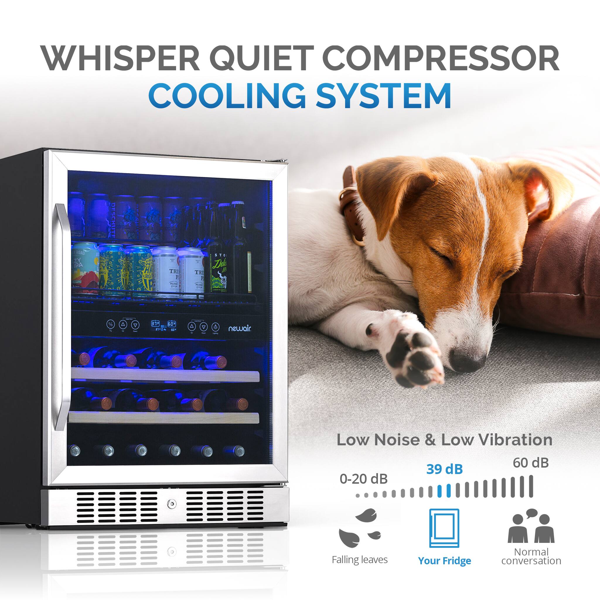 Whisper Quiet Compressor Cooling System: Low Noise & Low Vibration - 60 dB 39 dB 0-20 dB Falling Leaves Your Fridge Normal Conversation