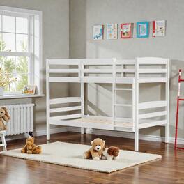 Hivvago - Sturdy Wood Twin Bunk Bed with Raised Safety Rails and Built-In Ladder - White