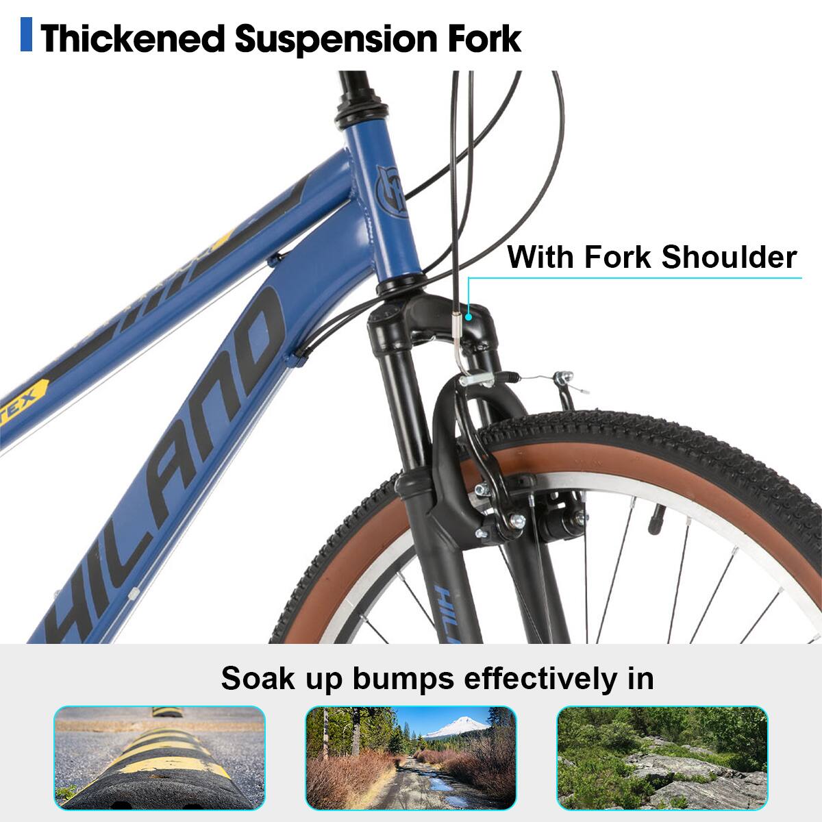 Thickened Suspension Fork With Fork Shoulder Soak up bumps effectively in