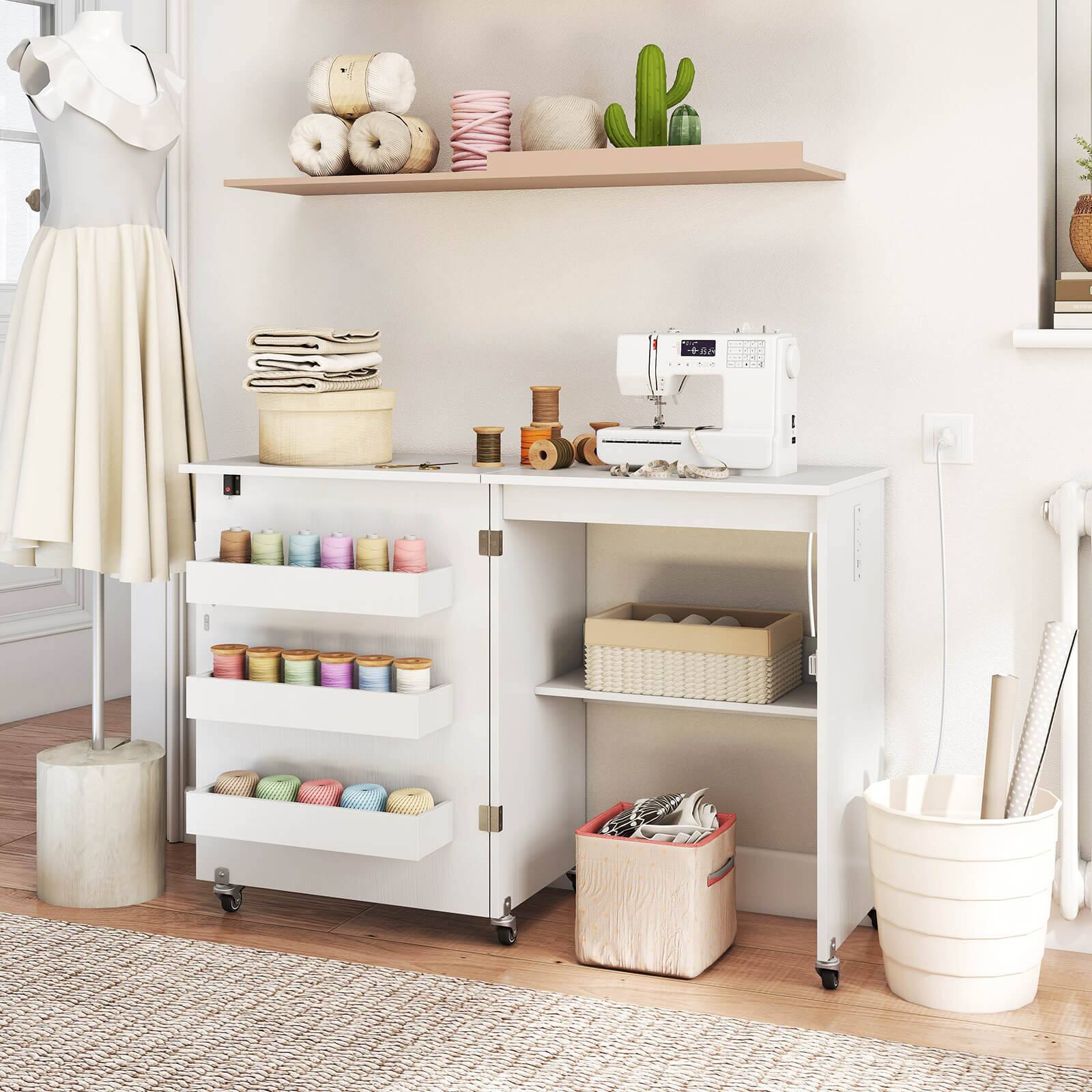 Alt View 1. Costway - Costway Folding Sewing Table Rolling Craft Station with 3 Storage Bins & Charging Station - Light White.