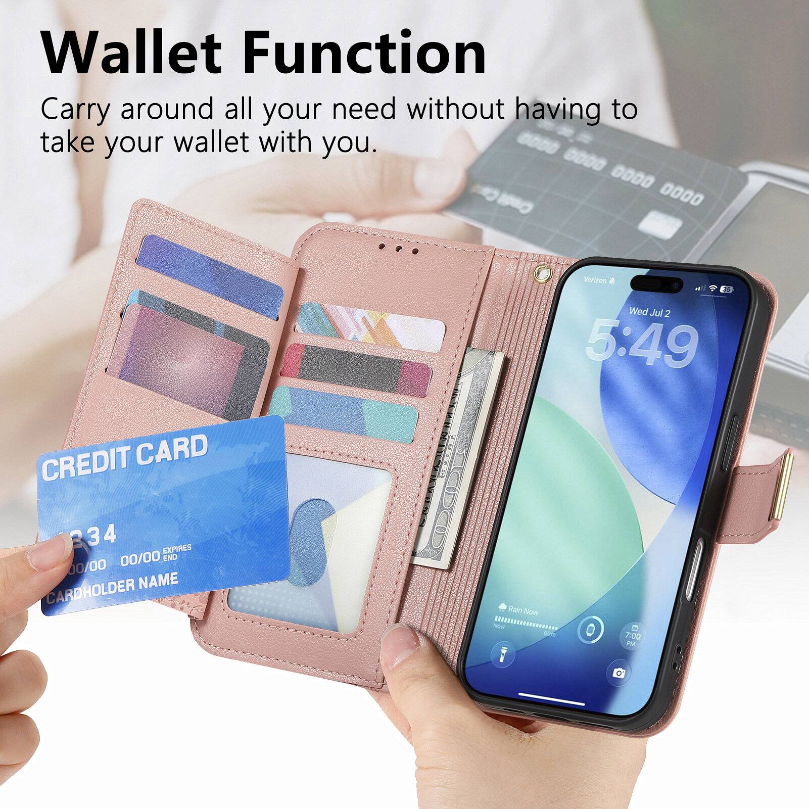 Wallet Function  
Carry around all your need without having to take your wallet with you.

CREDIT CARD  
334  
00/00 00/00  
CARDHOLDER NAME  

Wed Jul 2  
5:49  

Rain Now  
7:00 PM