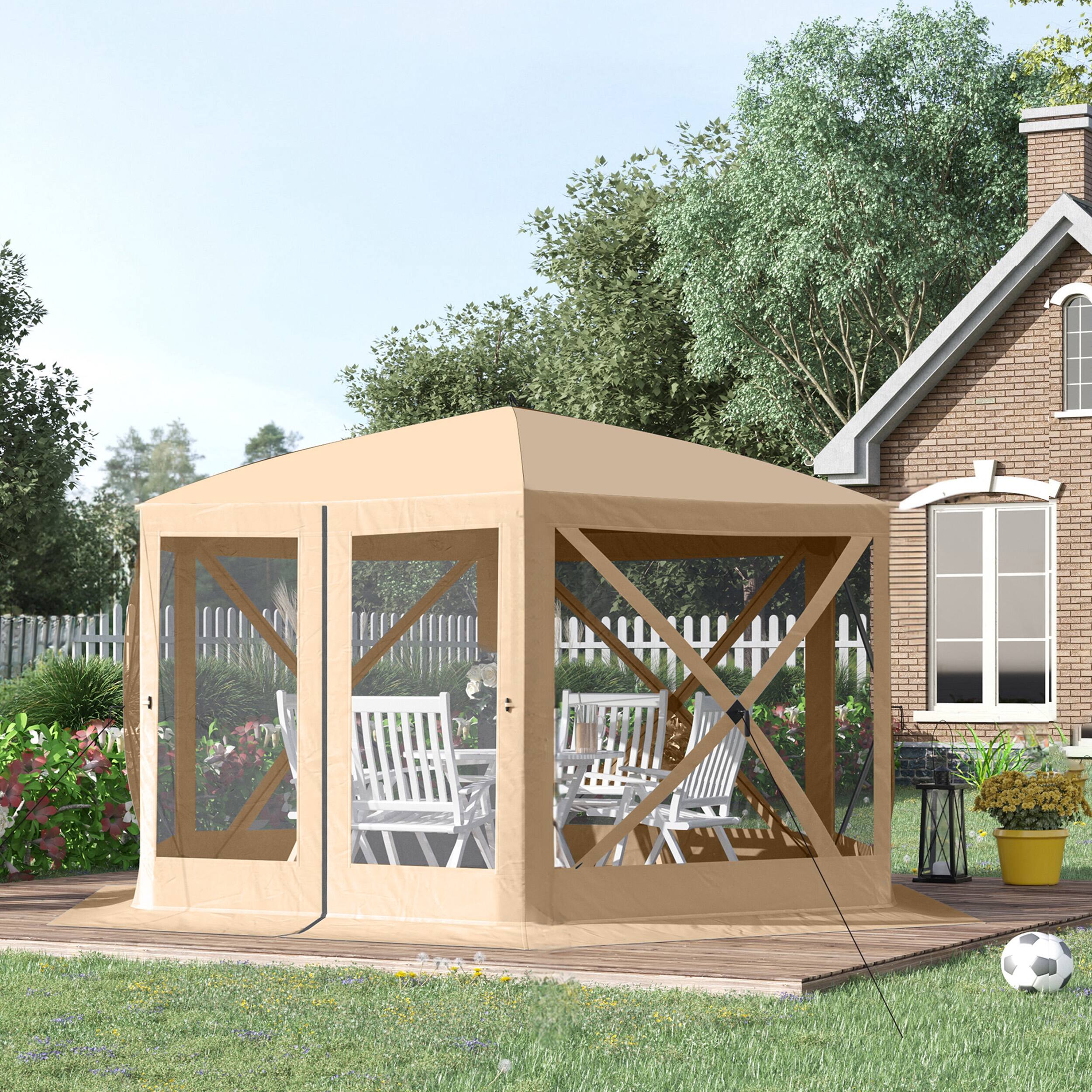 Alt View 1. Outsunny - Hexagon Pop Up Party Tent Gazebo with Mesh Netting Walls & Shaded Interior - Beige.