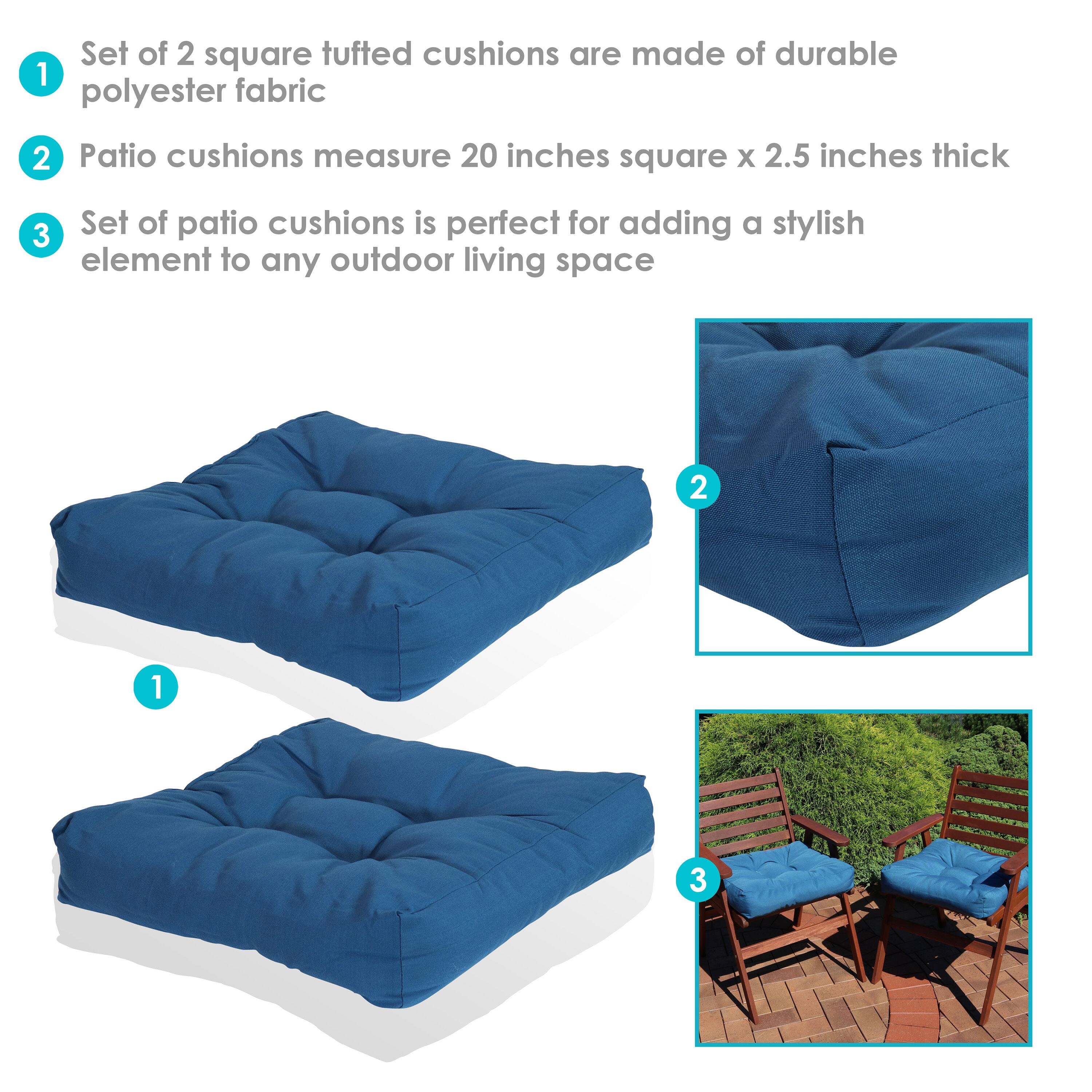 1. Set of 2 square tufted cushions are made of durable polyester fabric  
2. Patio cushions measure 20 inches square x 2.5 inches thick  
3. Set of patio cushions is perfect for adding a stylish element to any outdoor living space