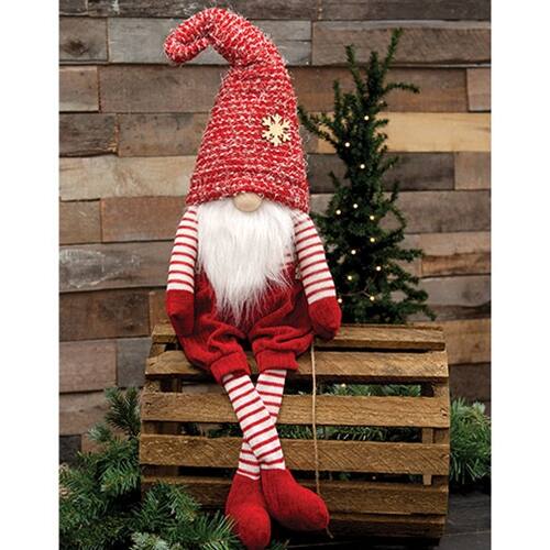 Angle. BreeBe - Red Nubby Fabric Dangle Leg  Gnome - Red.