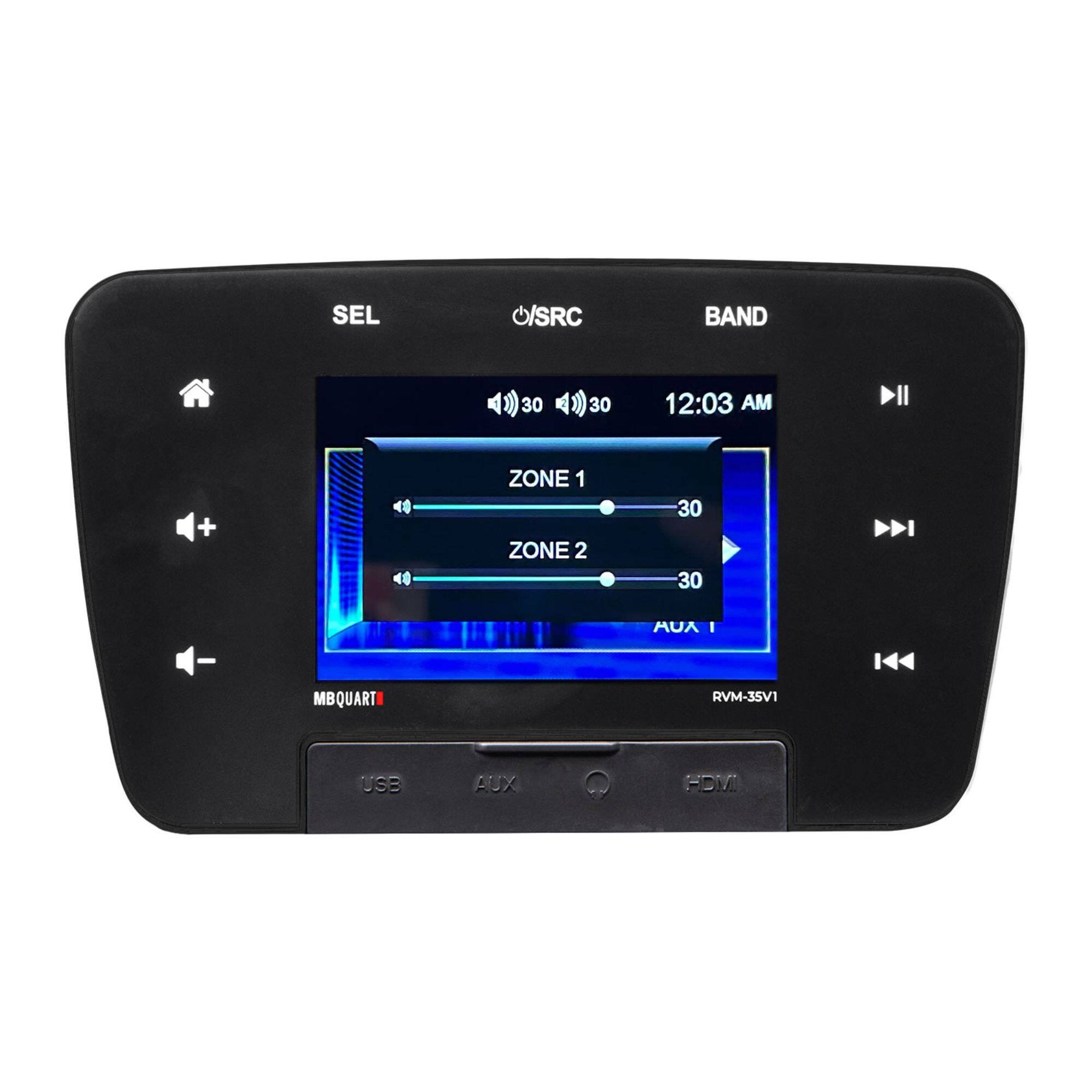 SEL / SRC BAND  
30 30 12:03 AM  
ZONE 1 30  
ZONE 2 30  
AUX 1  
MBQUART RVM-35V1  
USB AUX HDMI