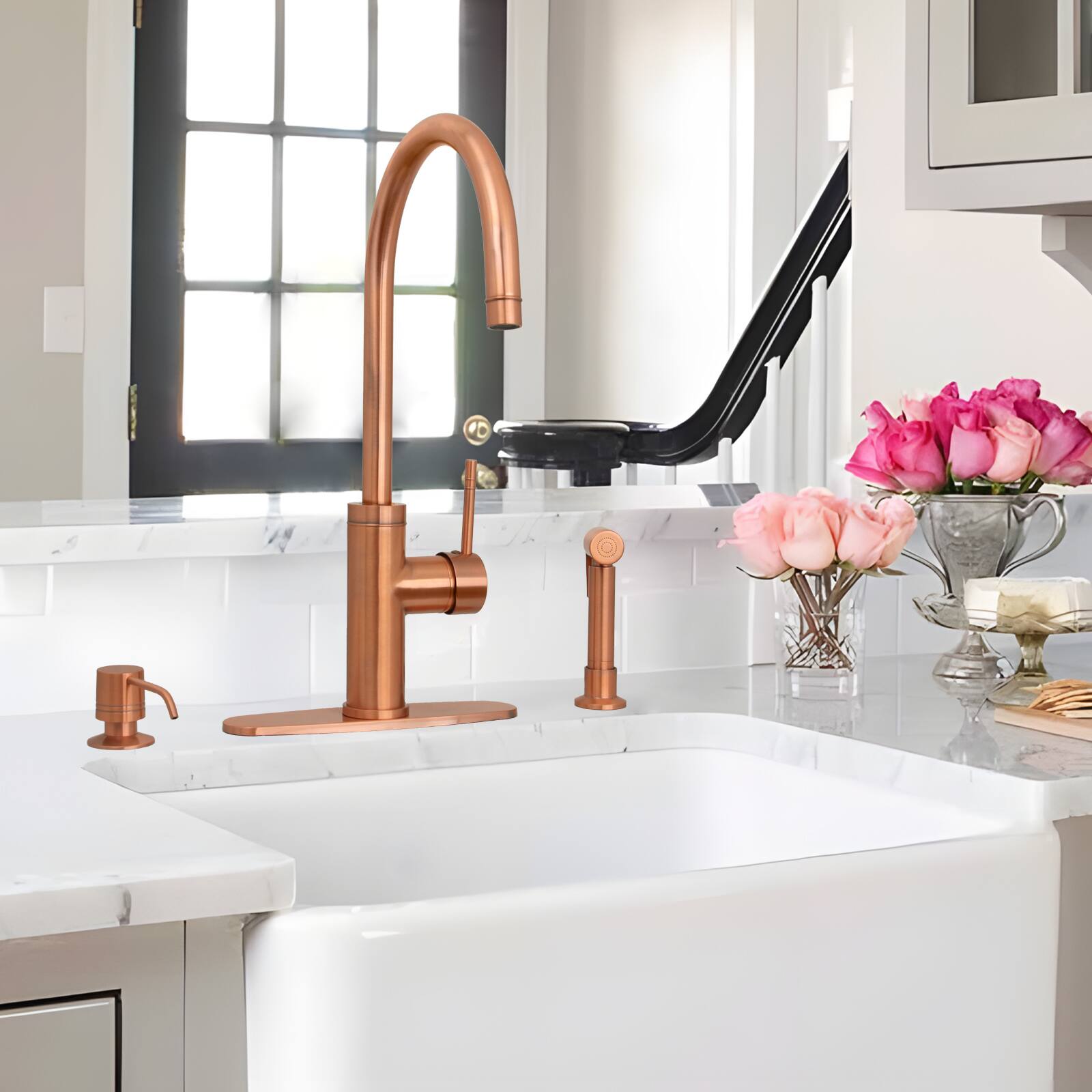 Alt View 5. Akicon - Akicon Solid Brass Single Handle 360° Swivel Widespread Kitchen Faucet with Side Sprayer in Antique Copper - Copper.