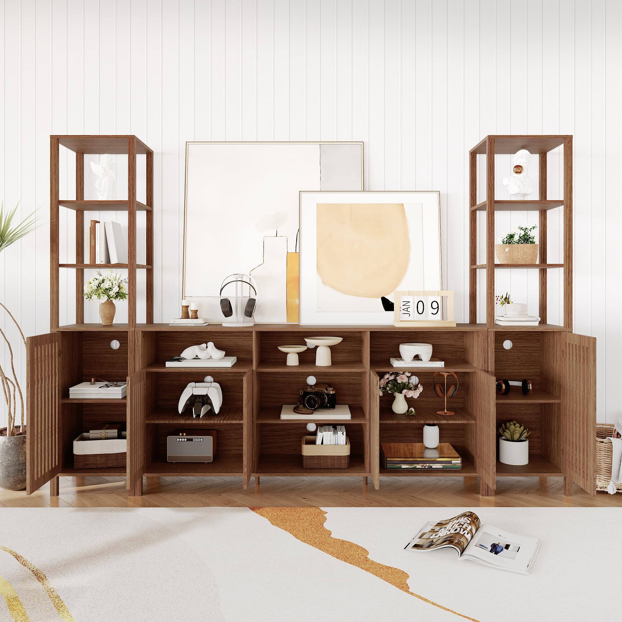 Alt View 4. Qeetex - 3-Piece Large TV Stand for TVs up to 70", Entertainment Center with Modular Bookshelves Cabinet, Doors & Shelves - Brown.