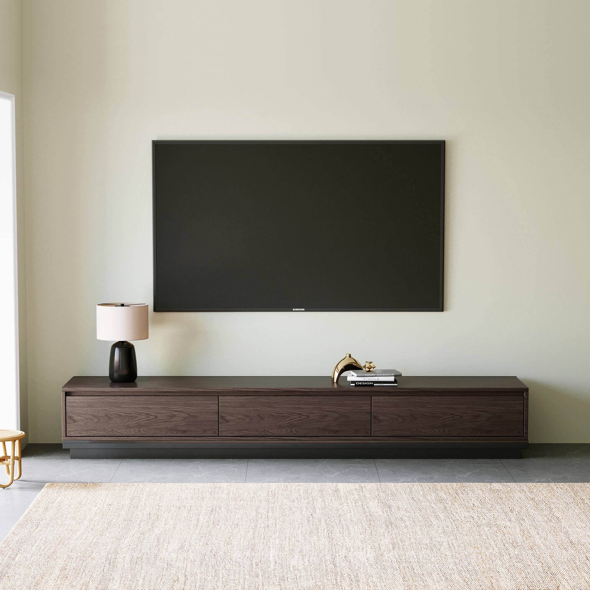Angle. luck idea - 78.7"-141.7" Expandable TV Stand | 3 Storage Drawers & Wood Grain Decorative Panel - Black walnut color.