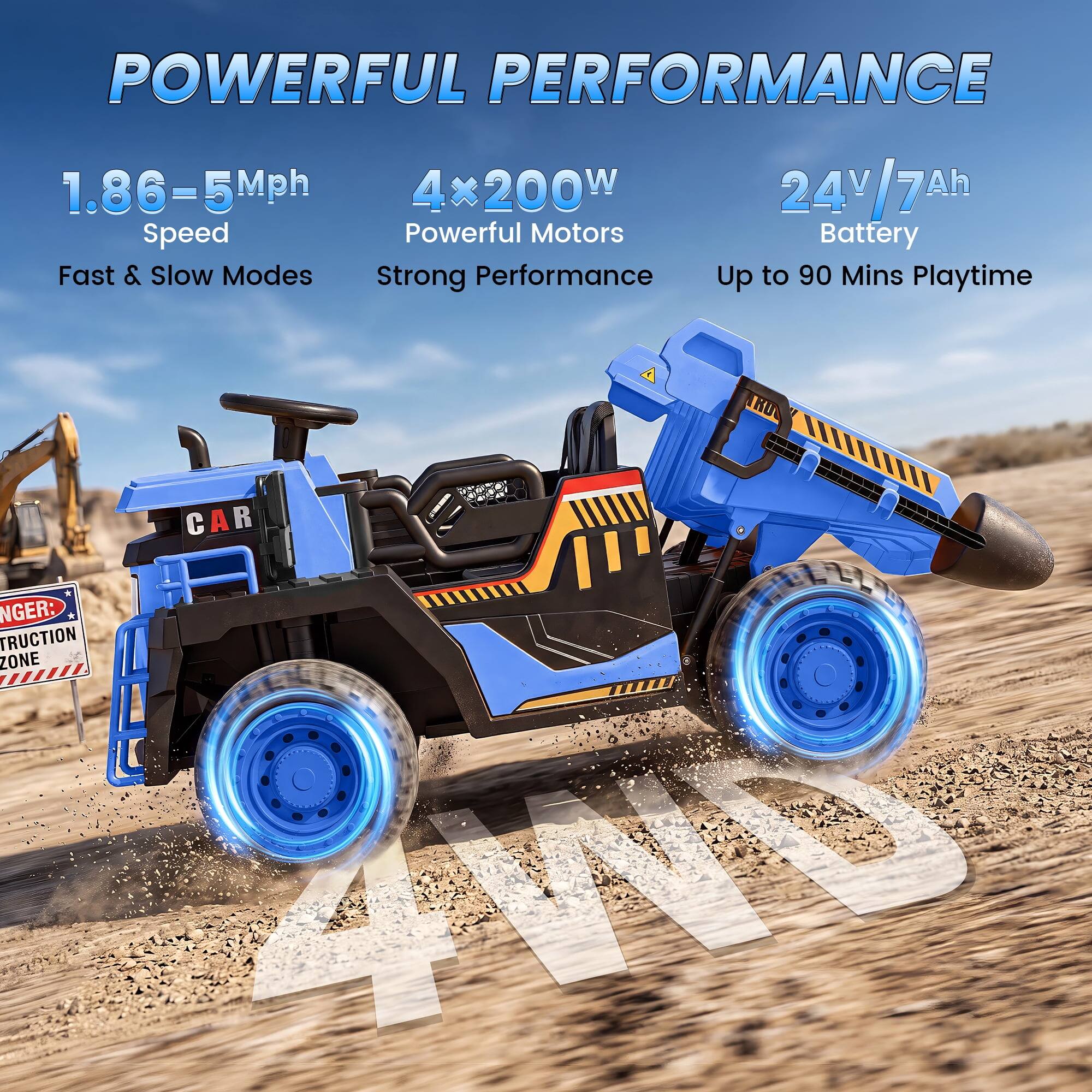 POWERFUL PERFORMANCE  
1.86-5Mph  
4x200W  
24V/7Ah  
Speed  
Powerful Motors  
Battery  
Fast & Slow Modes  
Strong Performance  
Up to 90 Mins Playtime