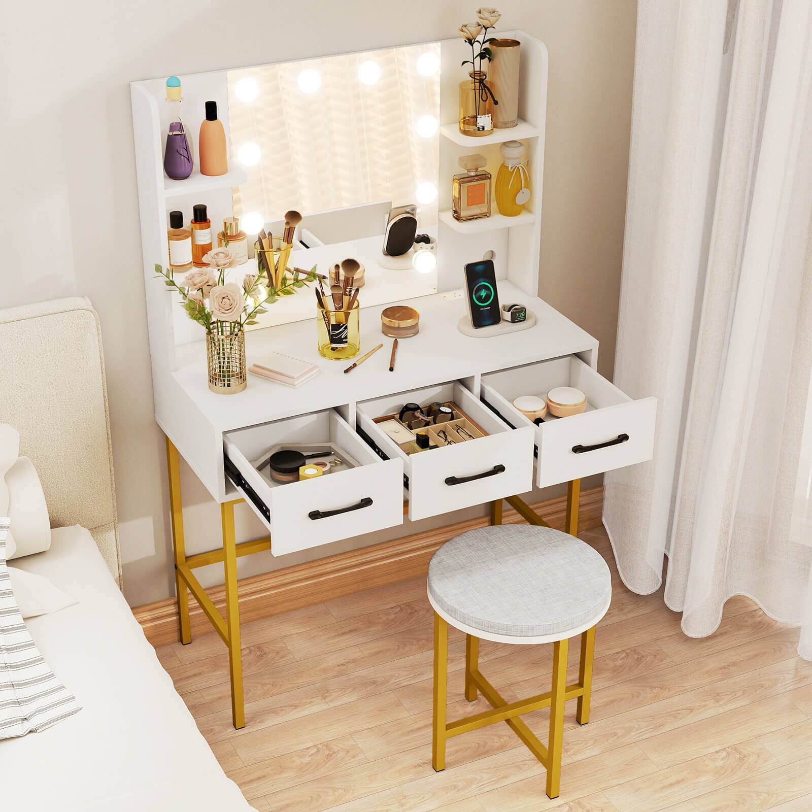Alt View 7. Costway - Costway Vanity Desk with Mirror Lights Power Outlets 4 Open Shelves 3 Storage Drawers - White.