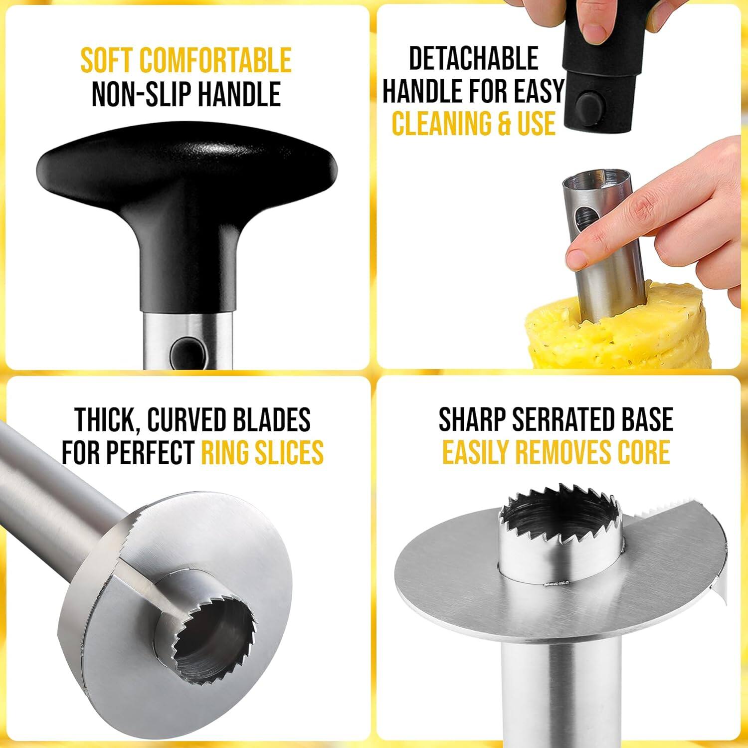 - Soft Comfortable Non-Slip Handle
- Detachable Handle for Easy Cleaning & Use
- Thick, Curved Blades for Perfect Ring Slices
- Sharp Serrated Base Easily Removes Core