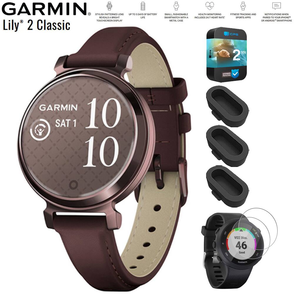 GARMIN Lily 2 Classic

- STYLISH PATTERNED LENS REVEALS A BRIGHT TOUCHSCREEN DISPLAY
- UP TO 5 DAYS OF BATTERY LIFE
- SMALL, FASHIONABLE SMARTWATCH WITH A METAL CASE
- HEALTH MONITORING INCLUDES 24/7 HEART RATE
- FITNESS TRACKING AND SPORTS APPS
- NOTIFICATIONS WHEN PAIRED TO YOUR IPHONE OR ANDROID SMARTPHONE
- 2 YEAR WARRANTY

GARMIN
SAT 1
10:10

V02 Max.
46
Good