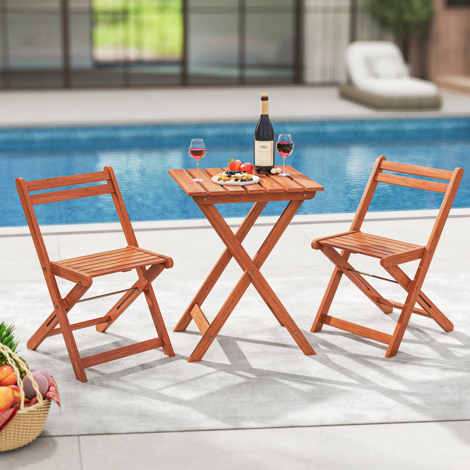 Alt View 4. Gymax - Gymax 3 PCS Outdoor Wood Bistro Set w/ 2 Folding Chairs & Dining Table for Backyard - Teak Oil Finish.