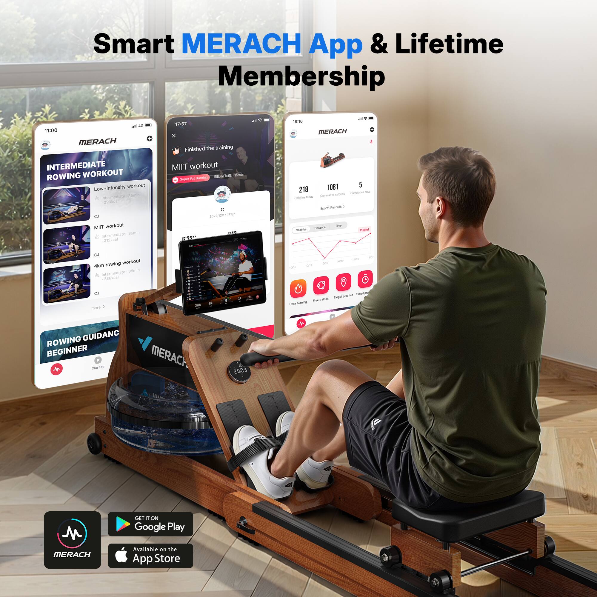 Smart MERACH App & Lifetime Membership

11:00 MERACH INTERMEDIATE ROWING WORKOUT
- Low-Intensity workout
- MII workout
- 4km rowing workout

ROWING GUIDANCE BEGINNER

Finished the training
MII workout

MERACH
- 1081
- 5
- 218

Available on Google Play
Available on the App Store