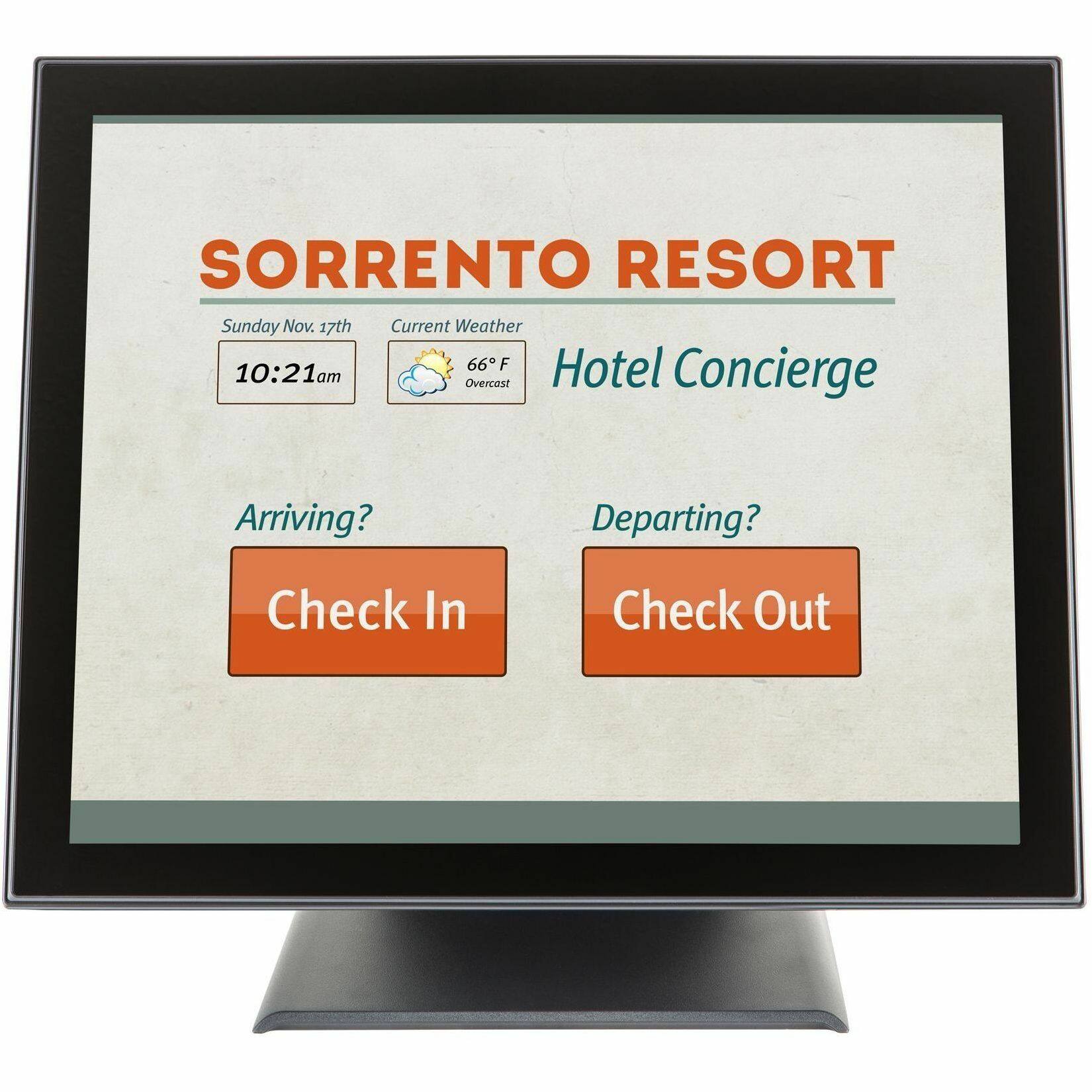 SORRENTO RESORT  
Hotel Concierge  

Sunday Nov. 17th  
10:21am  

Current Weather  
66°F Overcast  

Arriving?  
Check In  

Departing?  
Check Out