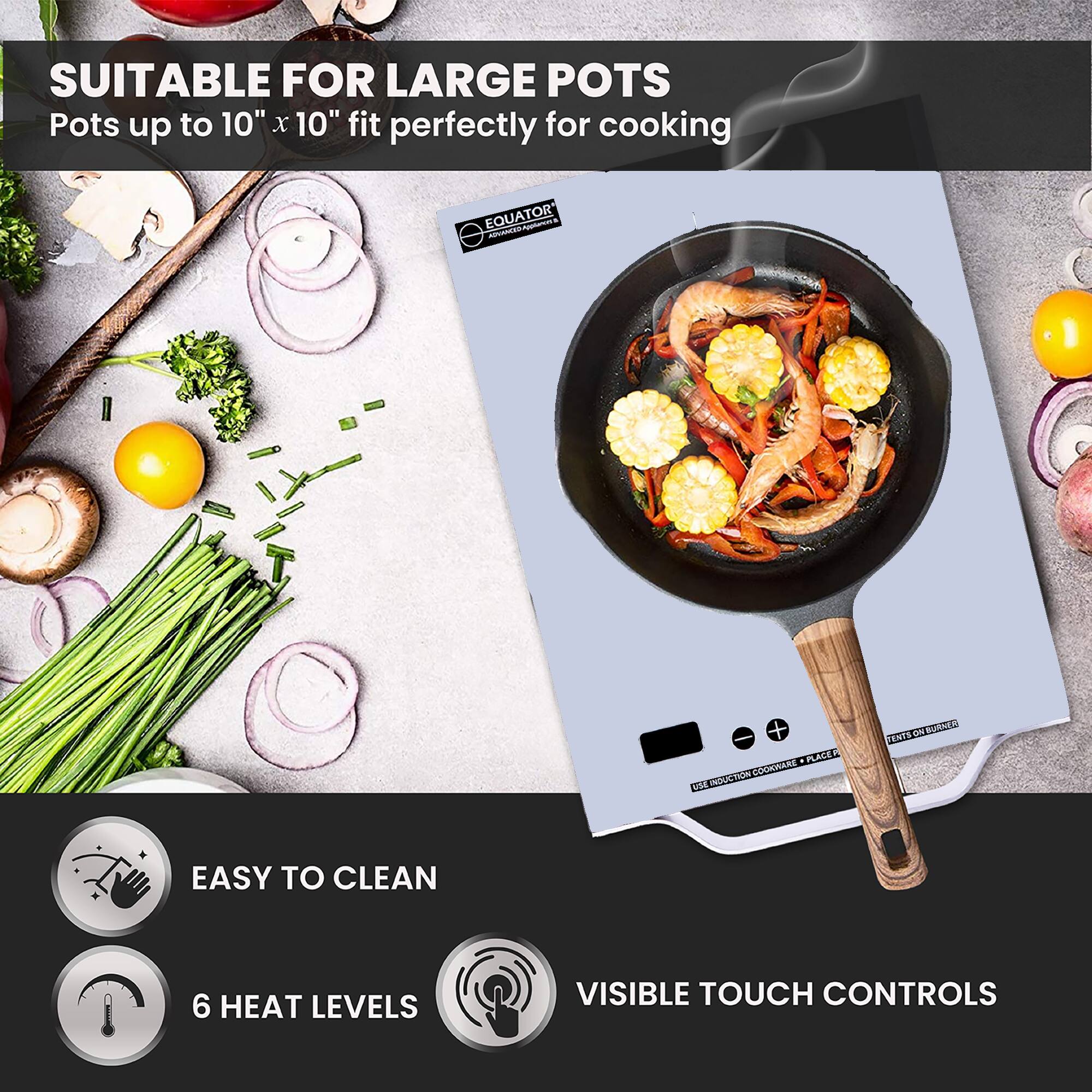SUITABLE FOR LARGE POTS  
Pots up to 10" x 10" fit perfectly for cooking  

EASY TO CLEAN  
6 HEAT LEVELS  
VISIBLE TOUCH CONTROLS